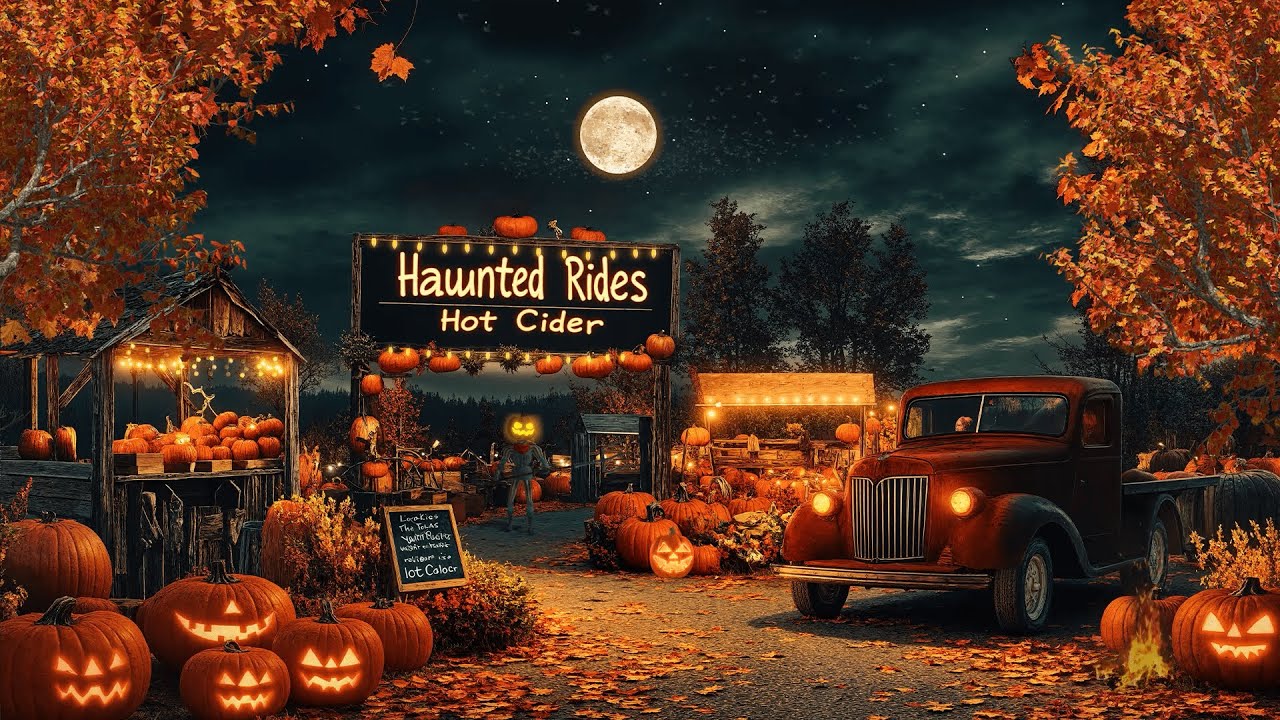 RUSTIC FALL PUMPKIN FARM AMBIENCE WITH BON FIRE, FALL LEAVES, COZY HALLOWEEN NIGHT