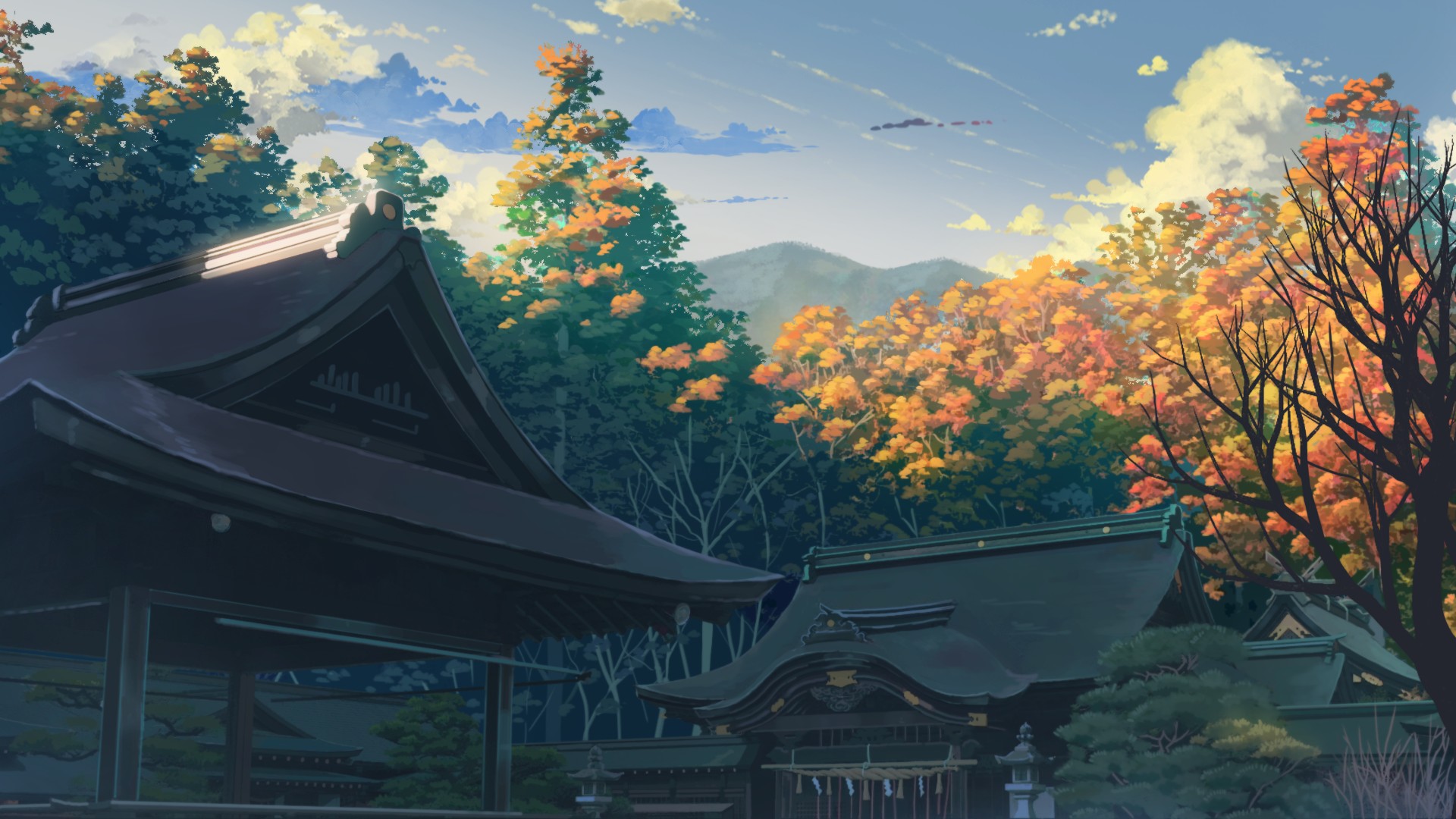 Serene Anime Landscape: Autumn Building in HD Wallpaper Quality by 加茂nasus