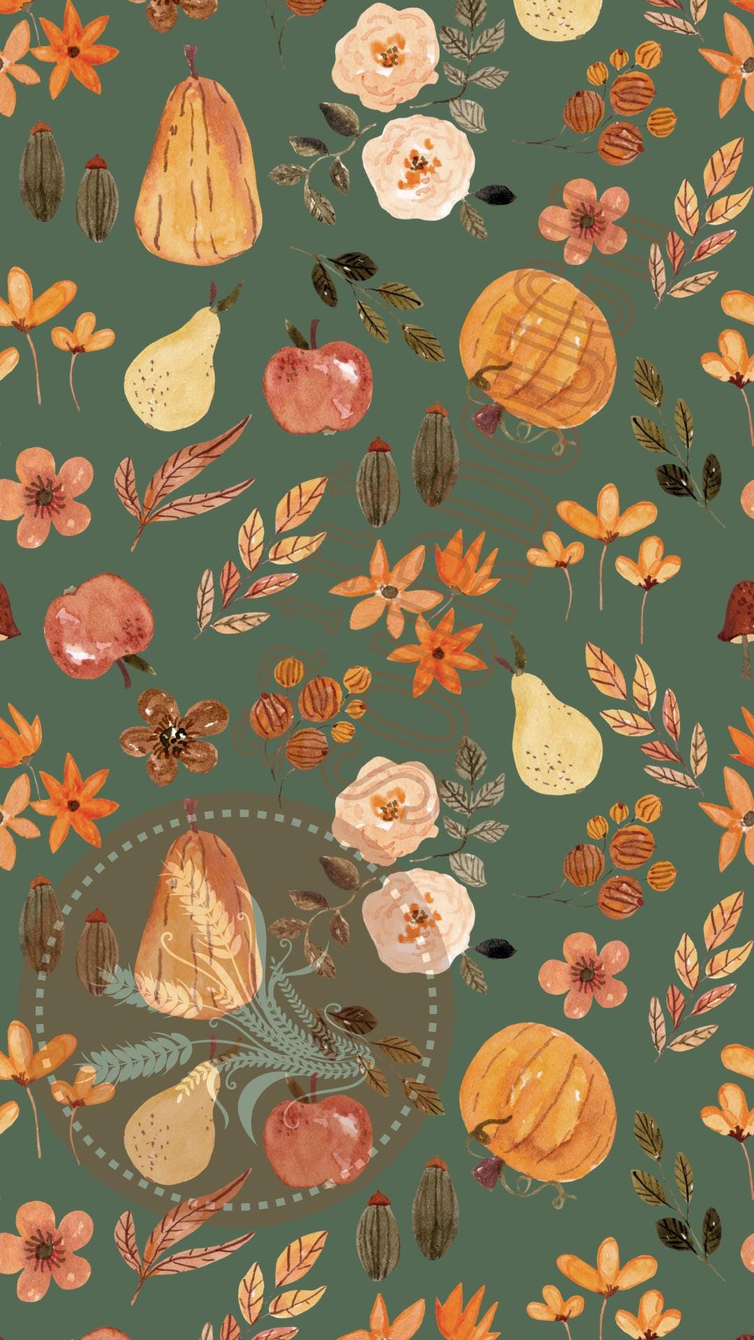 Autumn Phone Wallpaper Green Cute Floral Digital Download Pastel Feminine Demure Cutesy Pumpkins Fall Leaves
