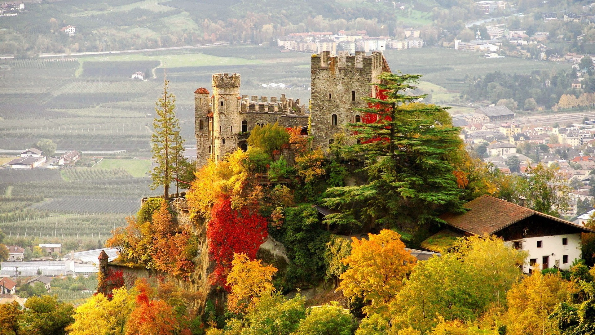 architecture, Building, Landscape, Castle, Tyrol, Italy, Ruin, Fall, Trees, House, Village, Hills, Tower, Ancient Wallpaper HD / Desktop and Mobile Background