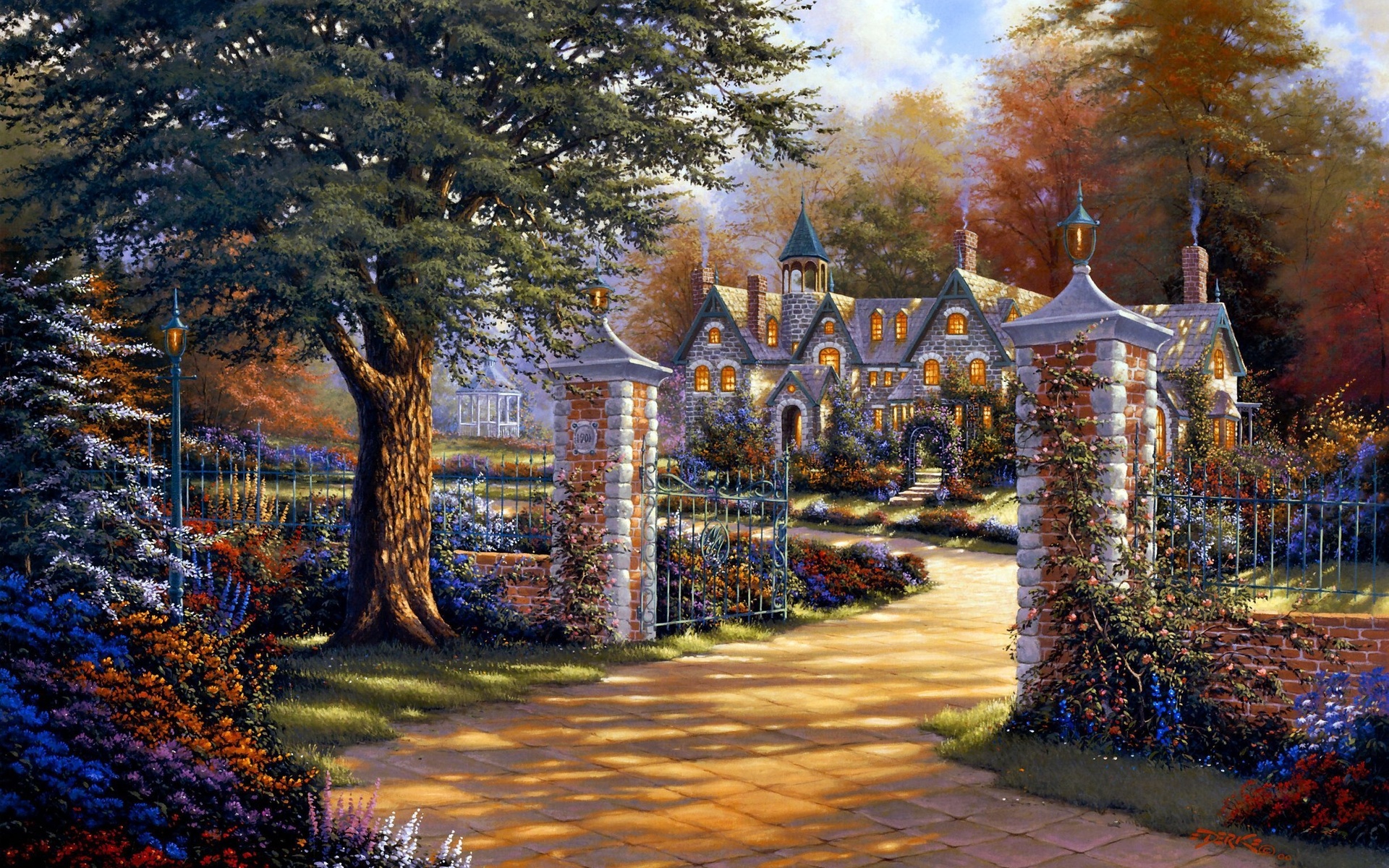 derk hansen, Artistic, Paintings, Colors, Autumn, Fall, Seasons, Flowers, Trees, Roads, Architecture, Buildings, Houses Wallpaper HD / Desktop and Mobile Background