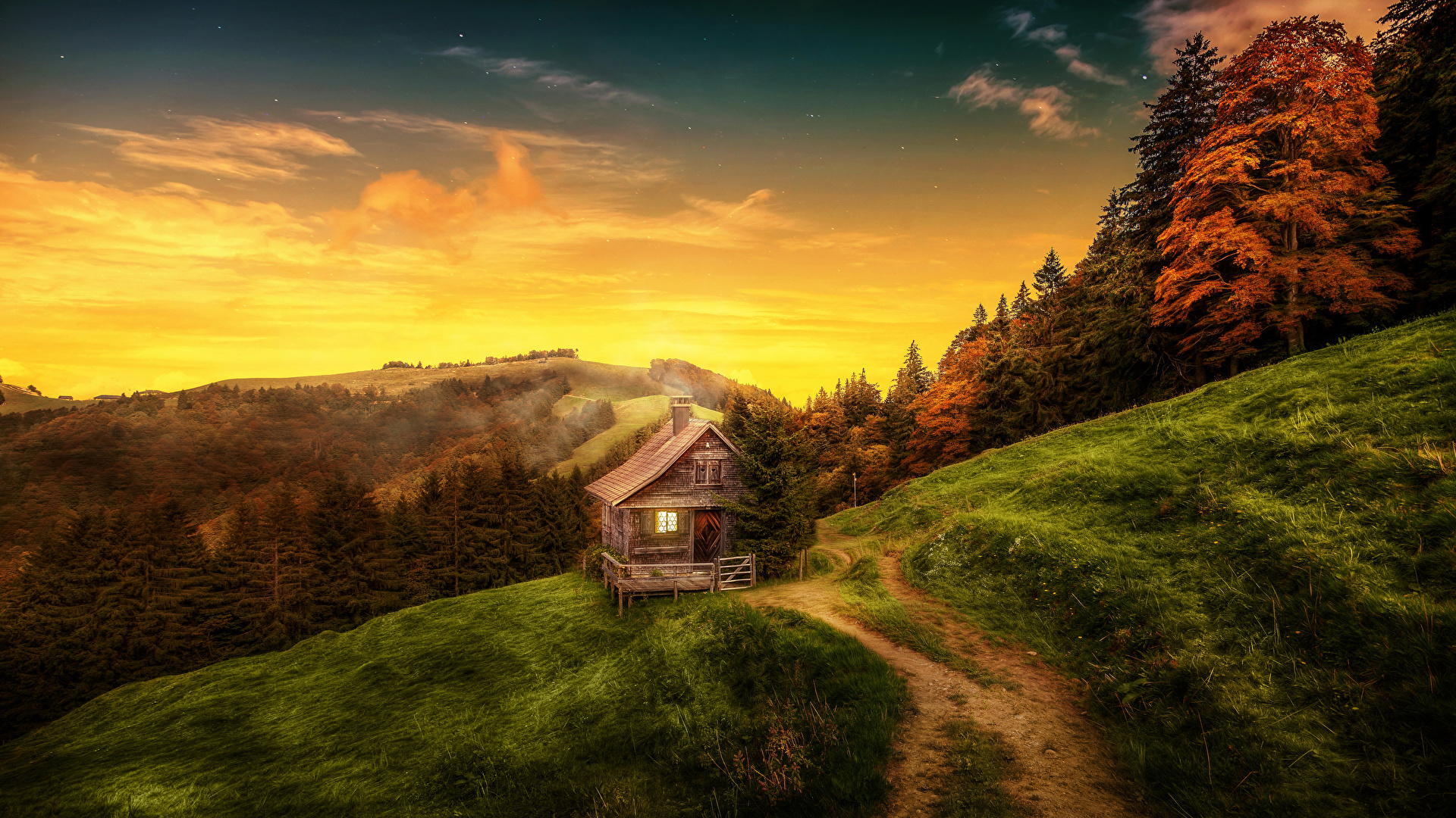 Wallpaper path Autumn Nature mountain forest sunrise and 1920x1080