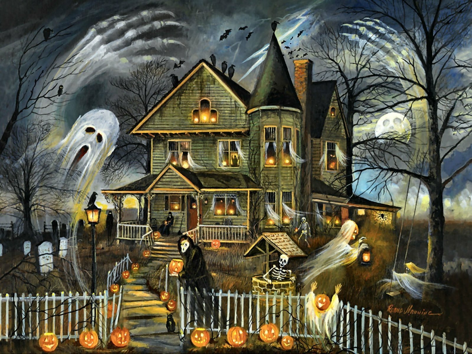 Haunted Halloween Night: Jack O' Lanterns And Ghosts In The Graveyard HD Wallpaper
