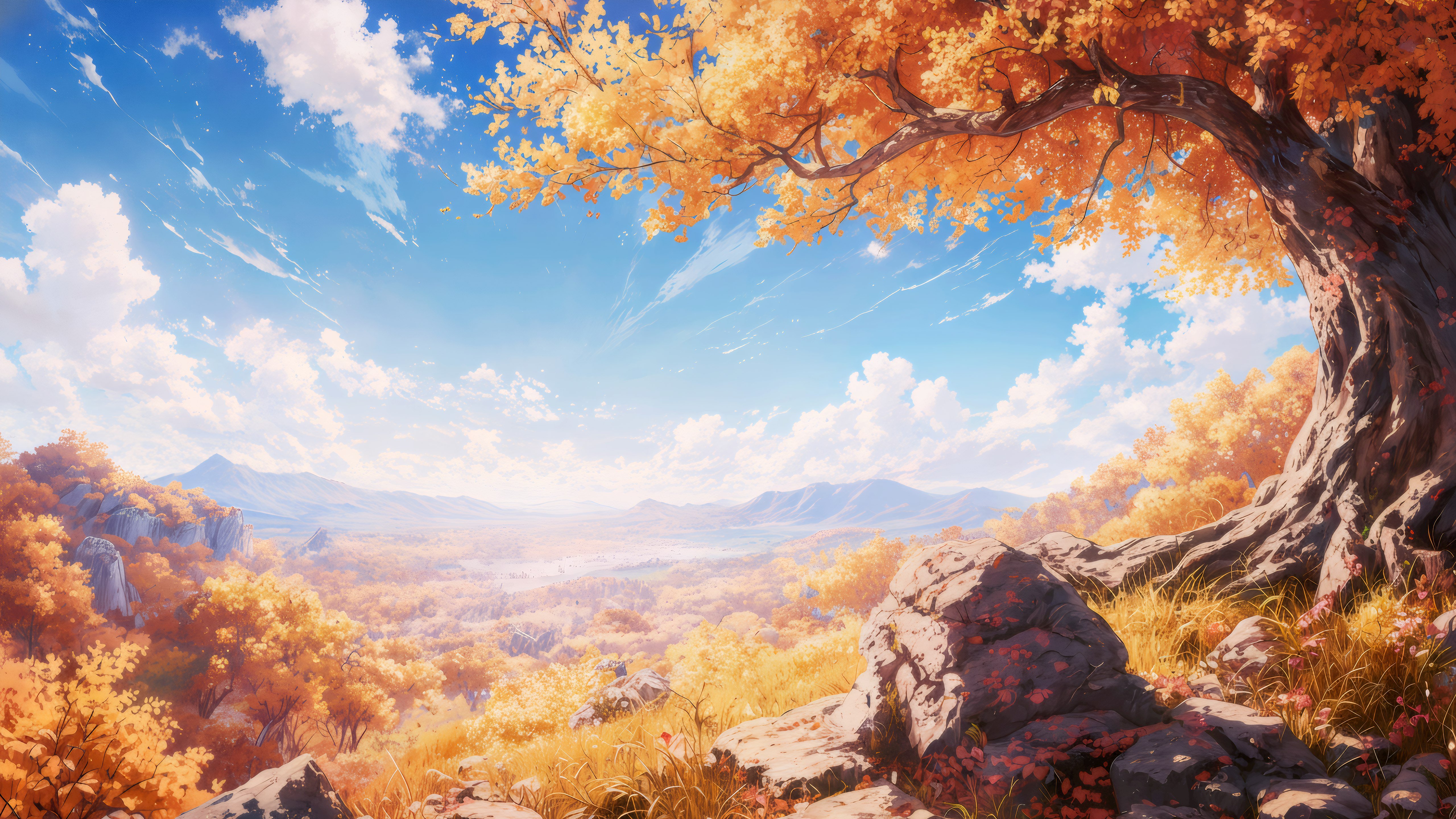 Beautiful anime landscape of nature in autumn Wallpaper 5k for Desktop