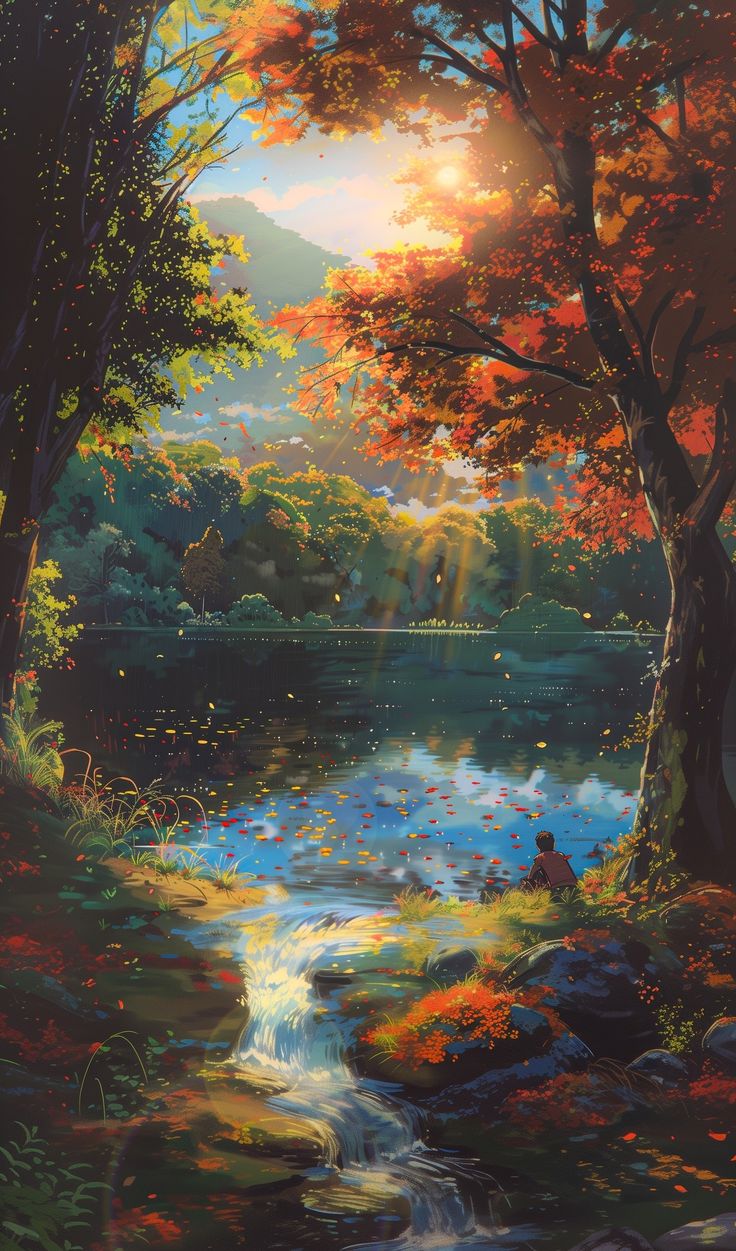 Autumn Forest Stream. Anime Art. Serene Nature Scene
