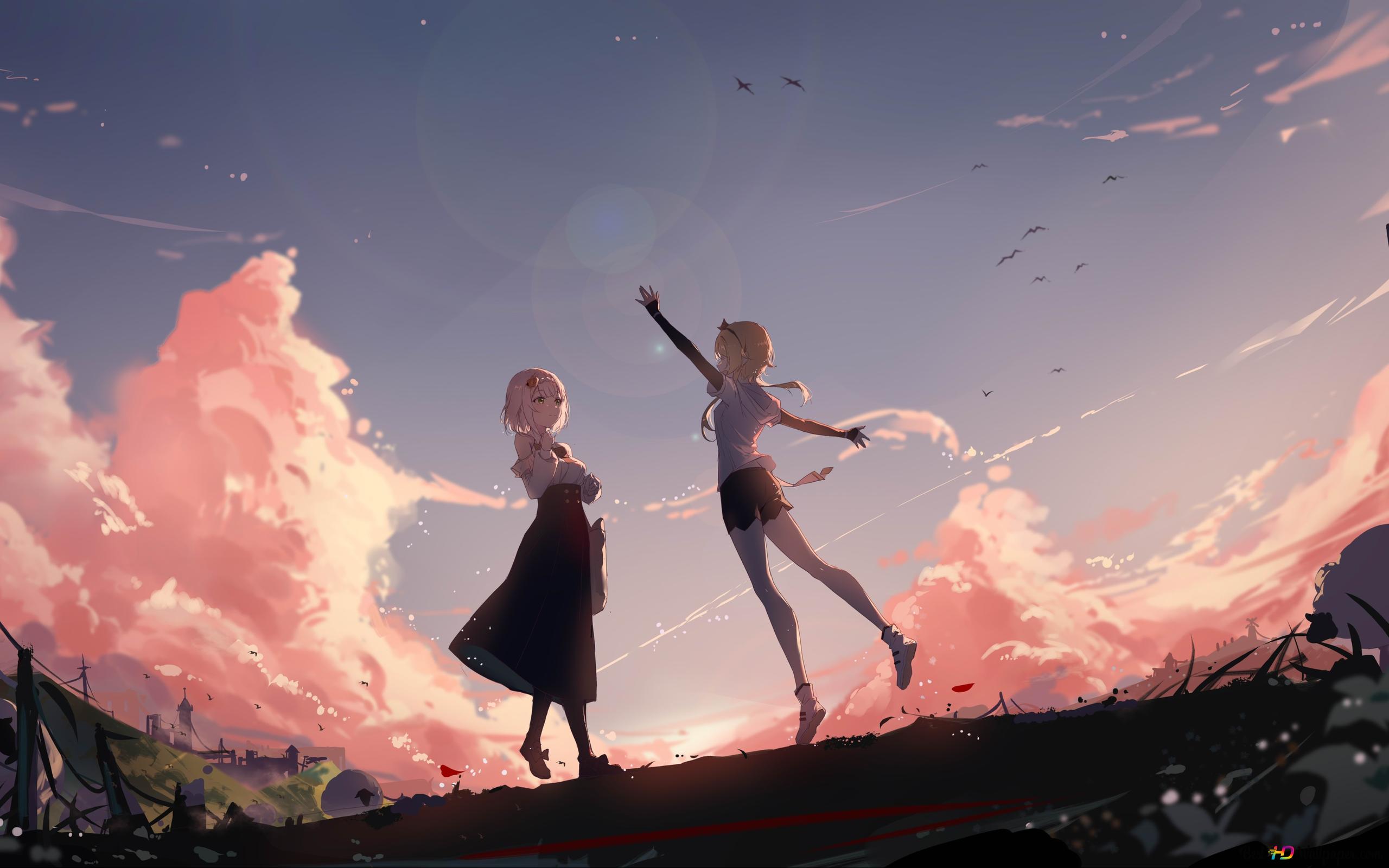 Lumine & Xiao enjoying nature autumn season. Genshin Impact 2K wallpaper download