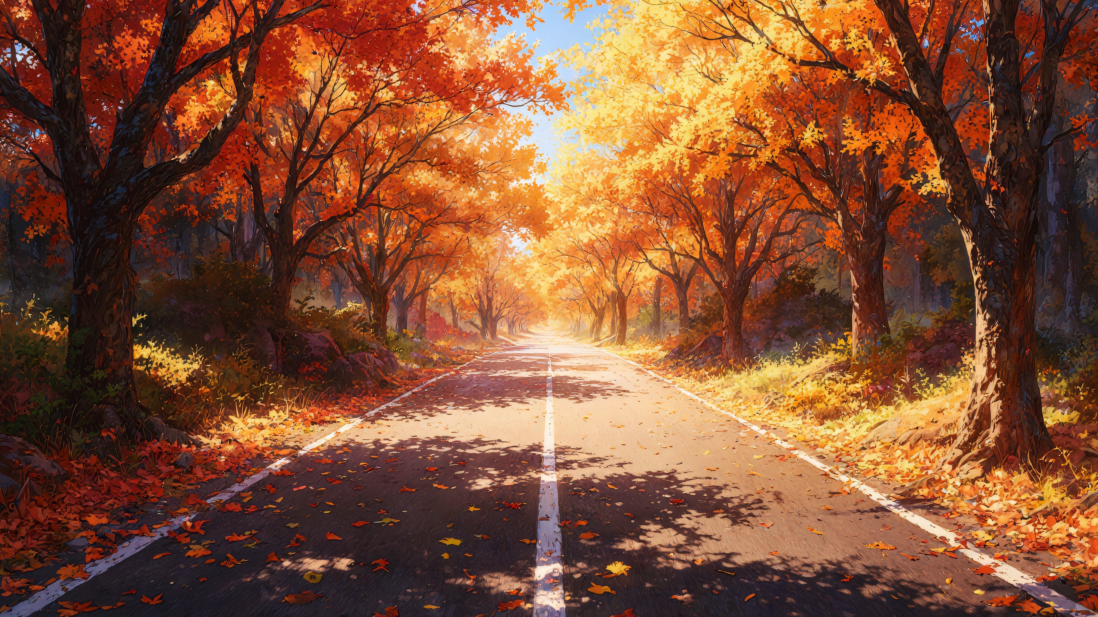 Road with trees in autumn Anime Wallpaper 4k for Desktop