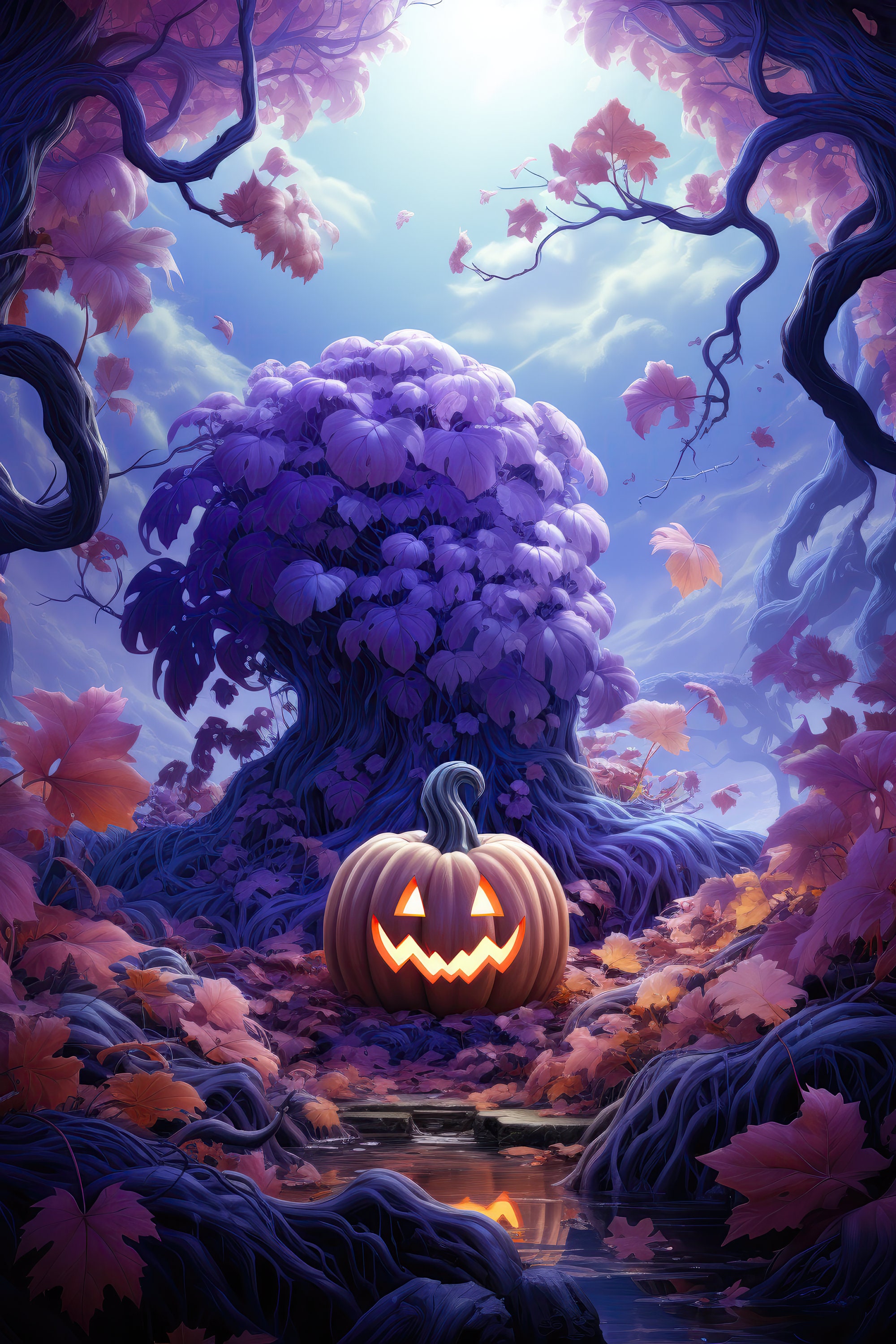 Digital Halloween Art Purple Foliage & Orange Expressive Pumpkin Bundle, Fall Reimagined, AI Creations, Purple Digital Art, Spooky