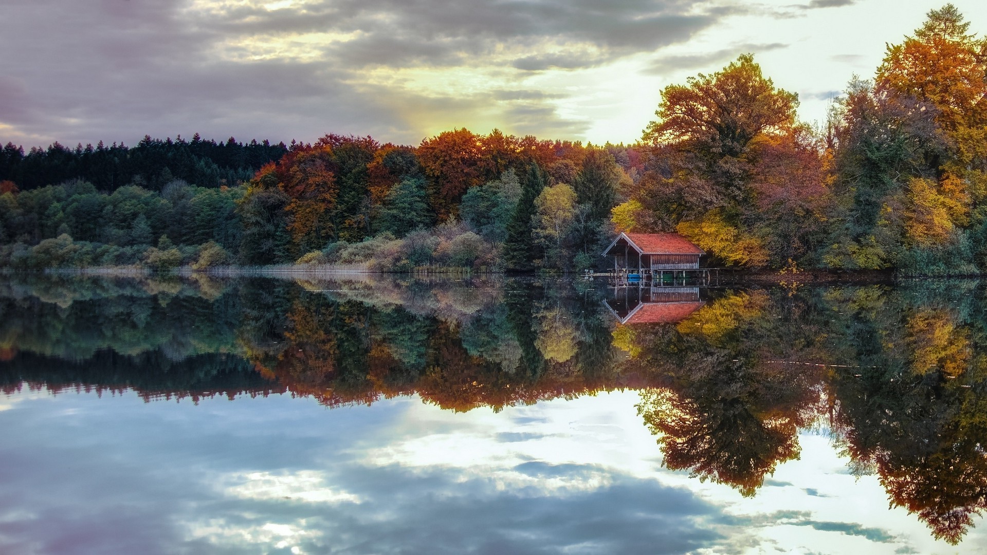 nature, Landscape, Lake, Forest, Fall, Sunset, Water, Calm, Reflection, Cabin, Trees, Clouds, Meditation Wallpaper HD / Desktop and Mobile Background