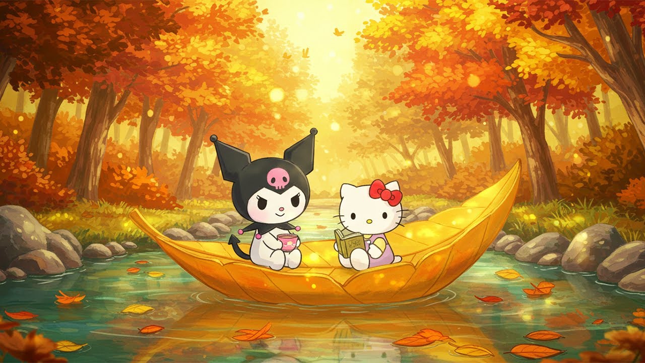Kuromi & Hello Kitty Floating on Autumn Leaf Boat
