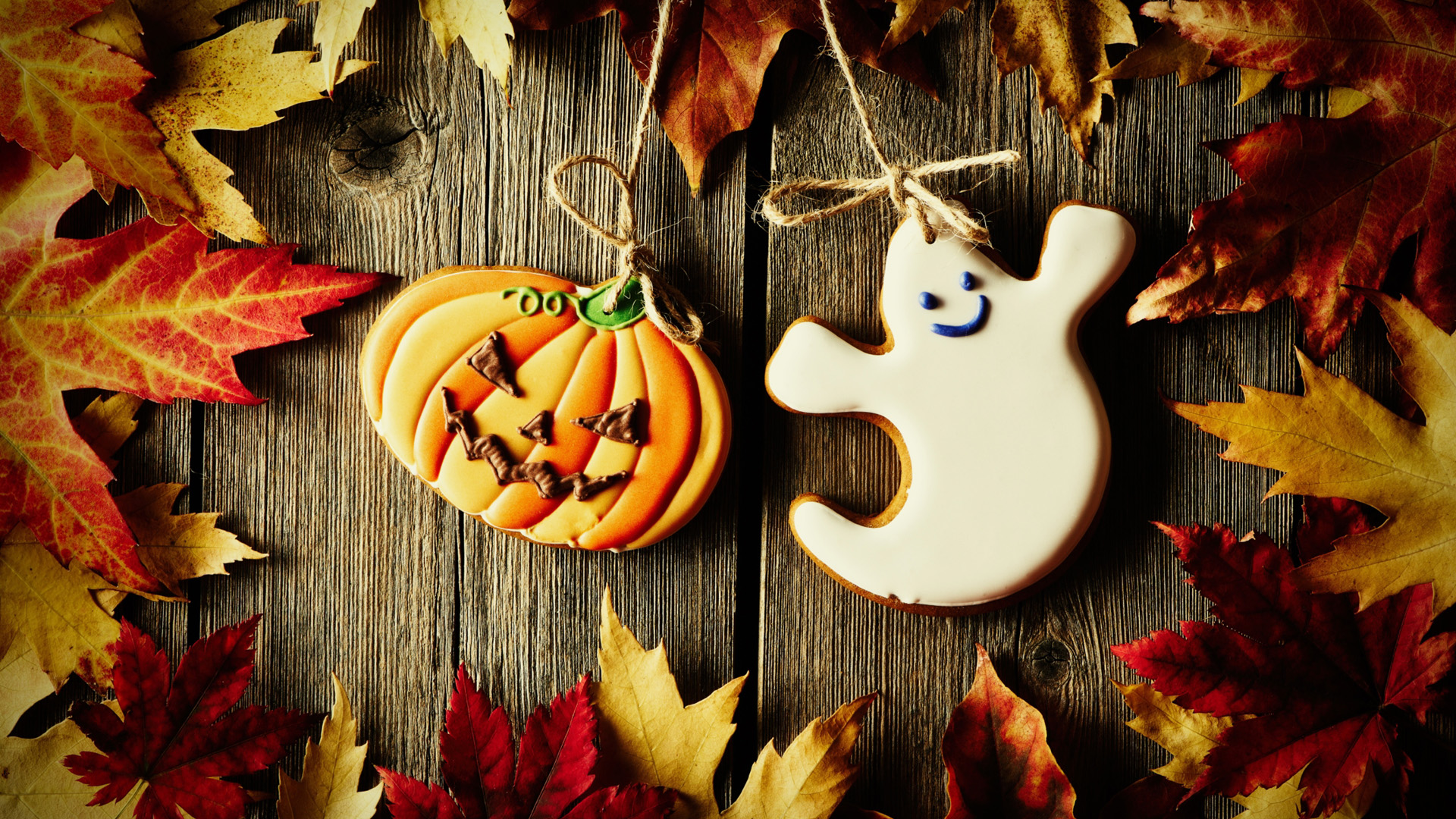 Ghost Pumpkin Face Colorful Autumn Leaves HD Cute Halloween Wallpaper