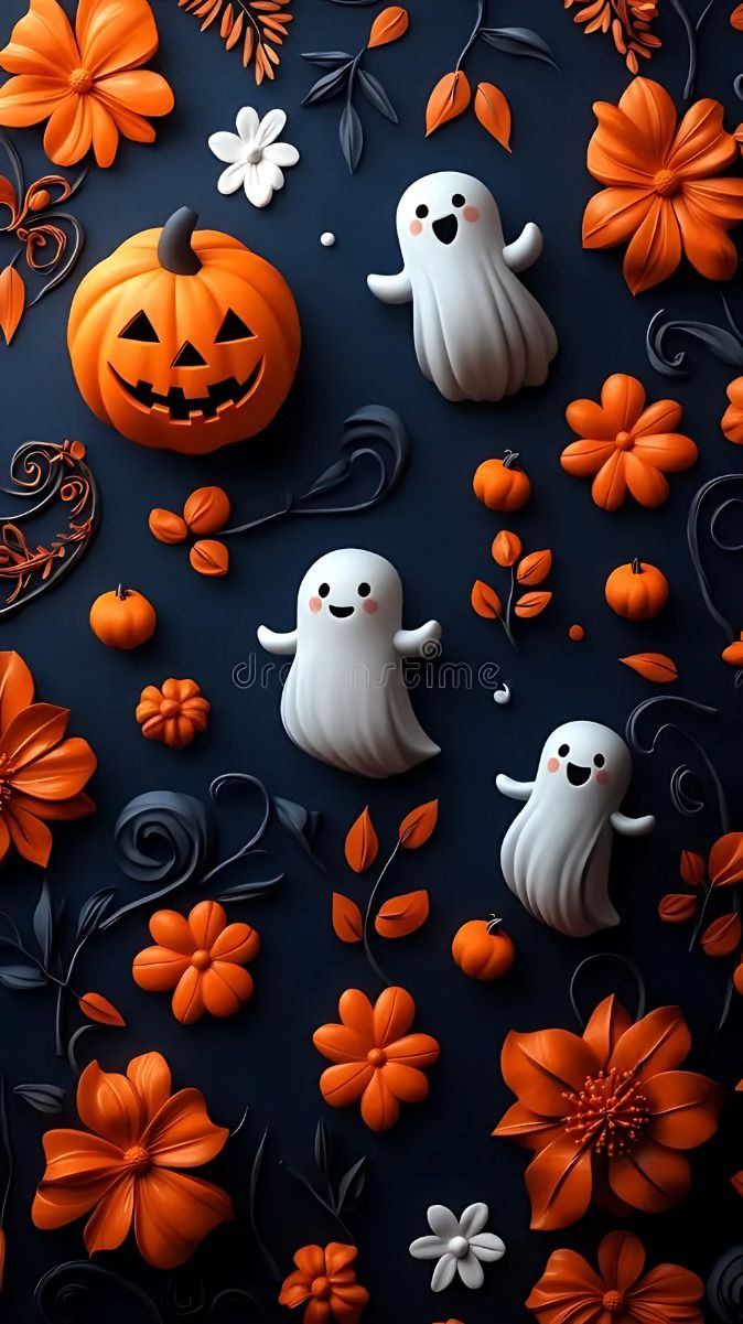 Autumn Phone Wallpaper: Cute Ghosts and Pumpkins