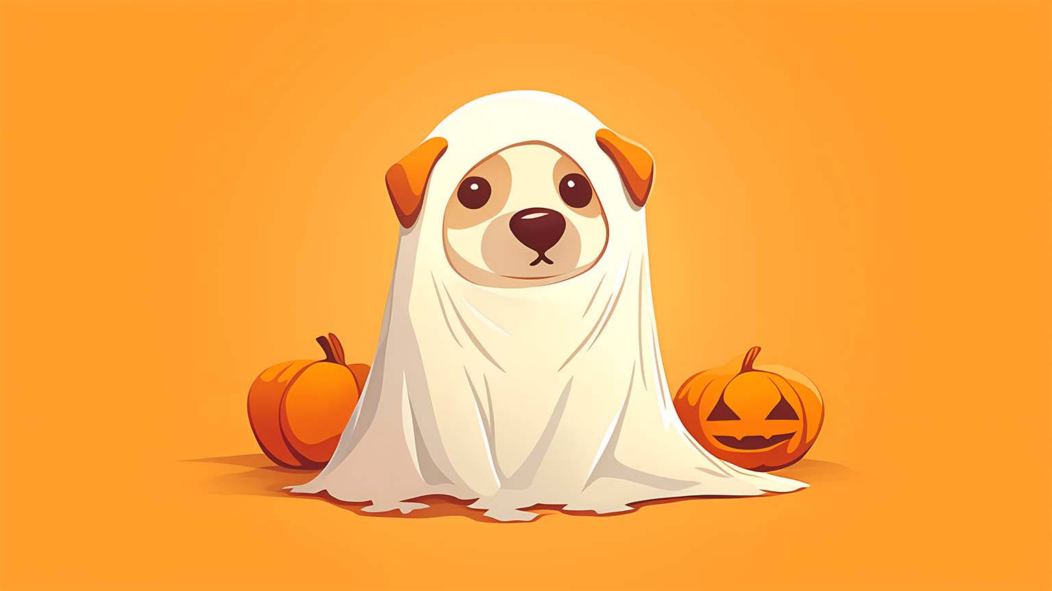 Dog in Retro Ghost Costume Halloween Desktop Wallpaper