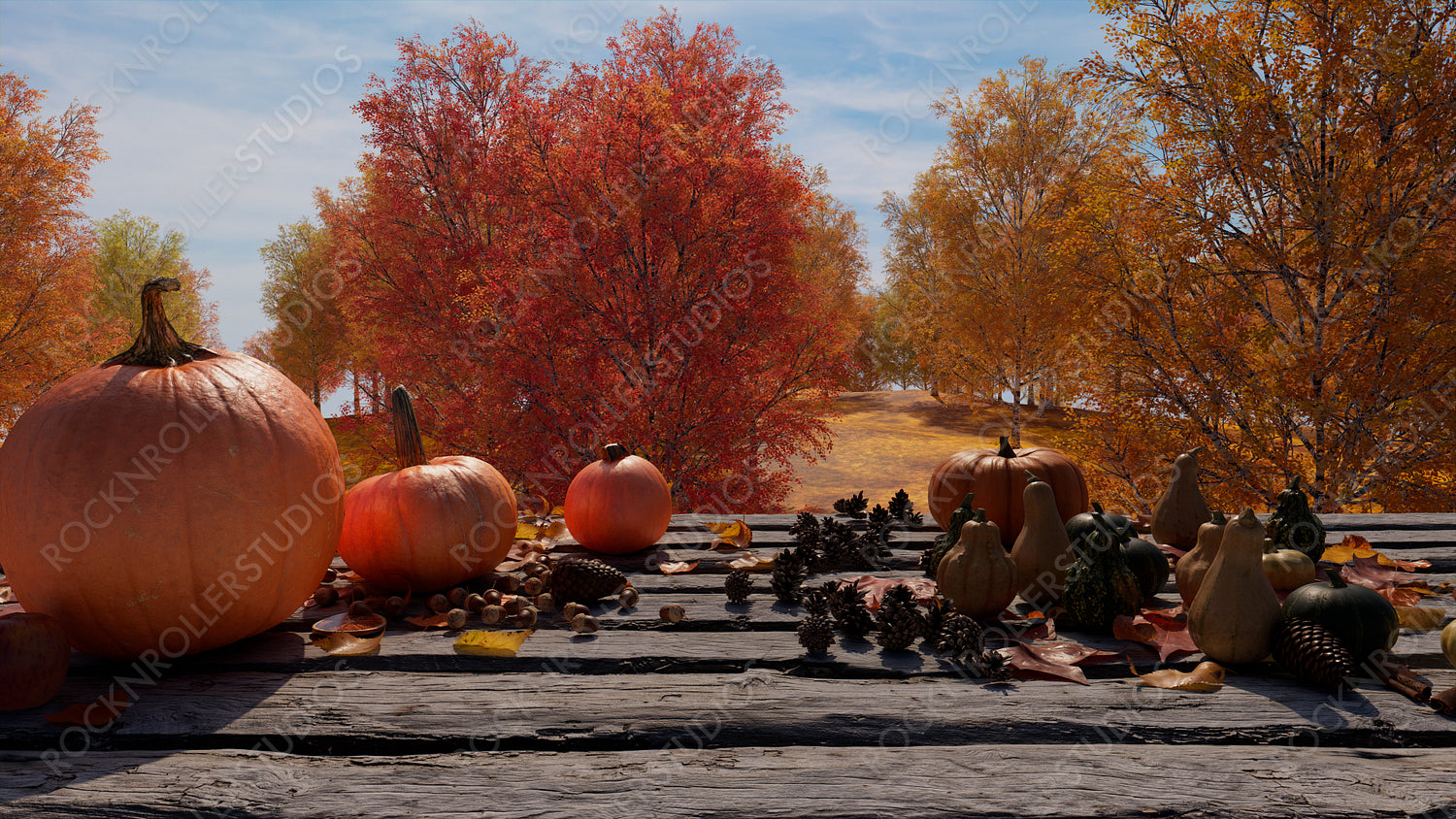 Seasonal Wallpaper, with Fall Leaves, Pumpkins and Berries on a Natura