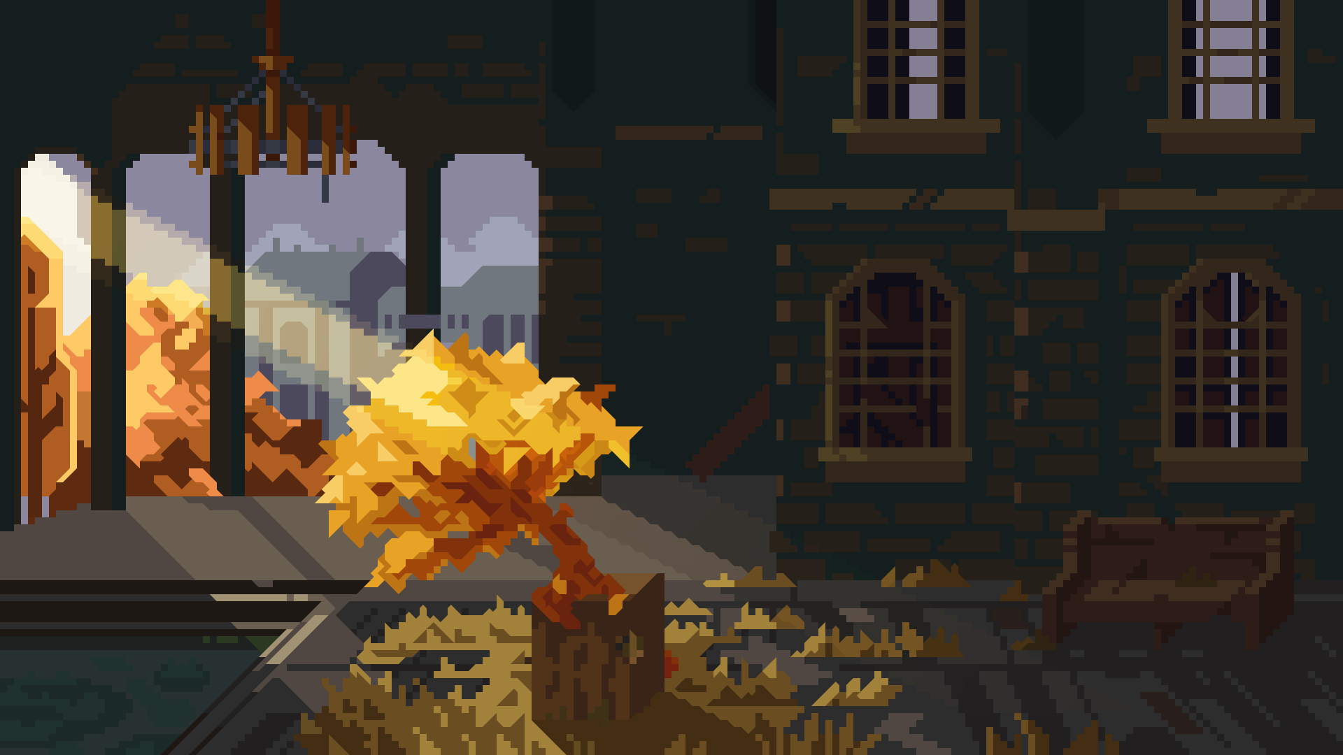 4K Ultra HD Pixel Art: Autumn Glow in an Abandoned Mansion
