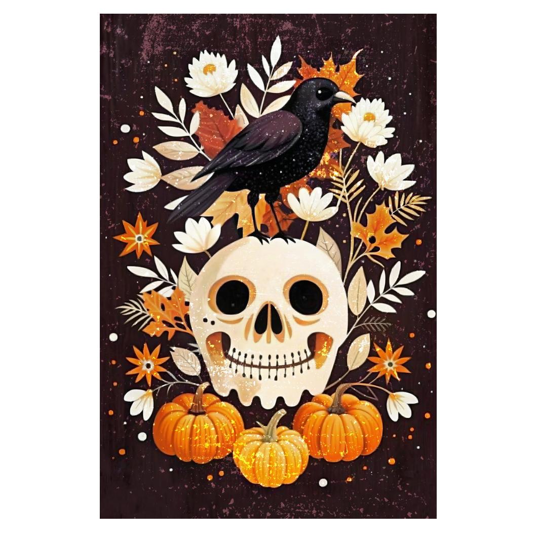 Poster Raven Folk Print Cute Skull Halloween Poster Boho Pumpkin Wall Art Trendy Halloween Aesthetic