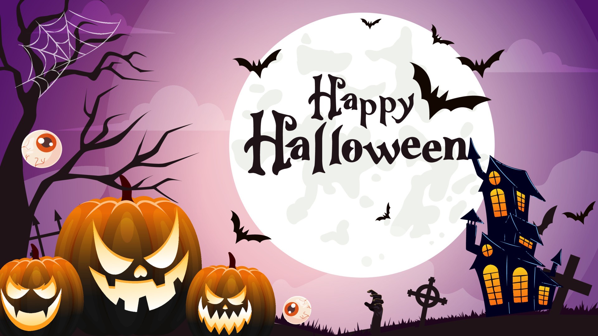 Pumpkins Bats Horror House Moon In Purple Sky Background HD Happy Halloween Wallpaper