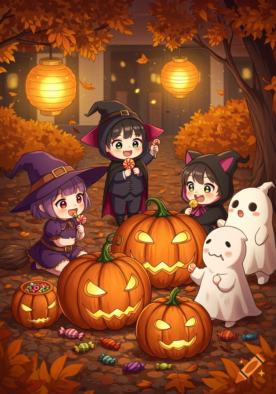 Cute Kawaii Anime Children And Chibi Ghosts In Halloween Costumes, Holding Lollipops Among Glowing Jack O' Lanterns And Autumn Leaves. On Craiyon