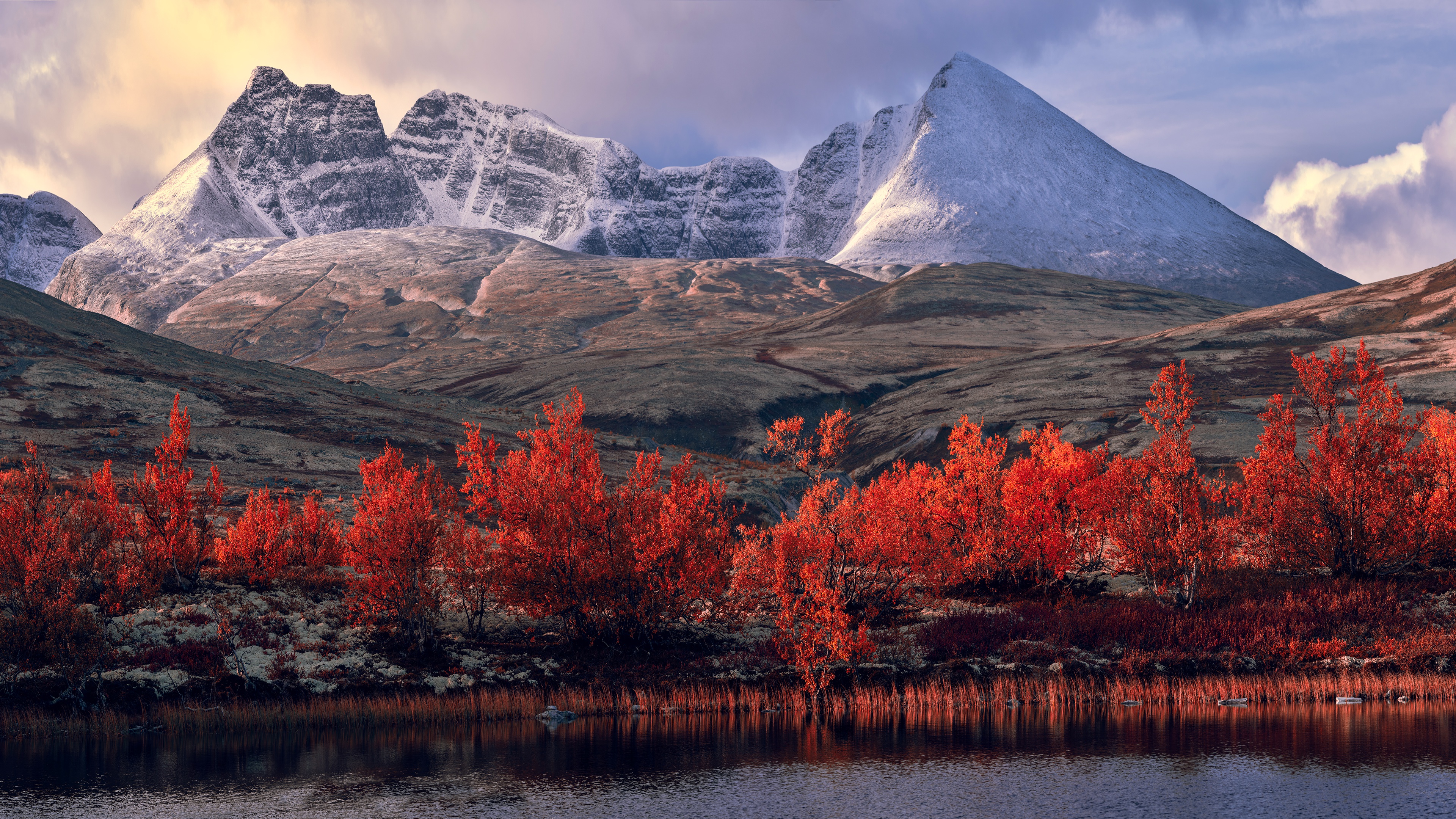 Wallpaper autumn, snow, trees, landscape, mountains, red, lake, river for mobile and desktop, section пейзажи, resolution 3840x2160