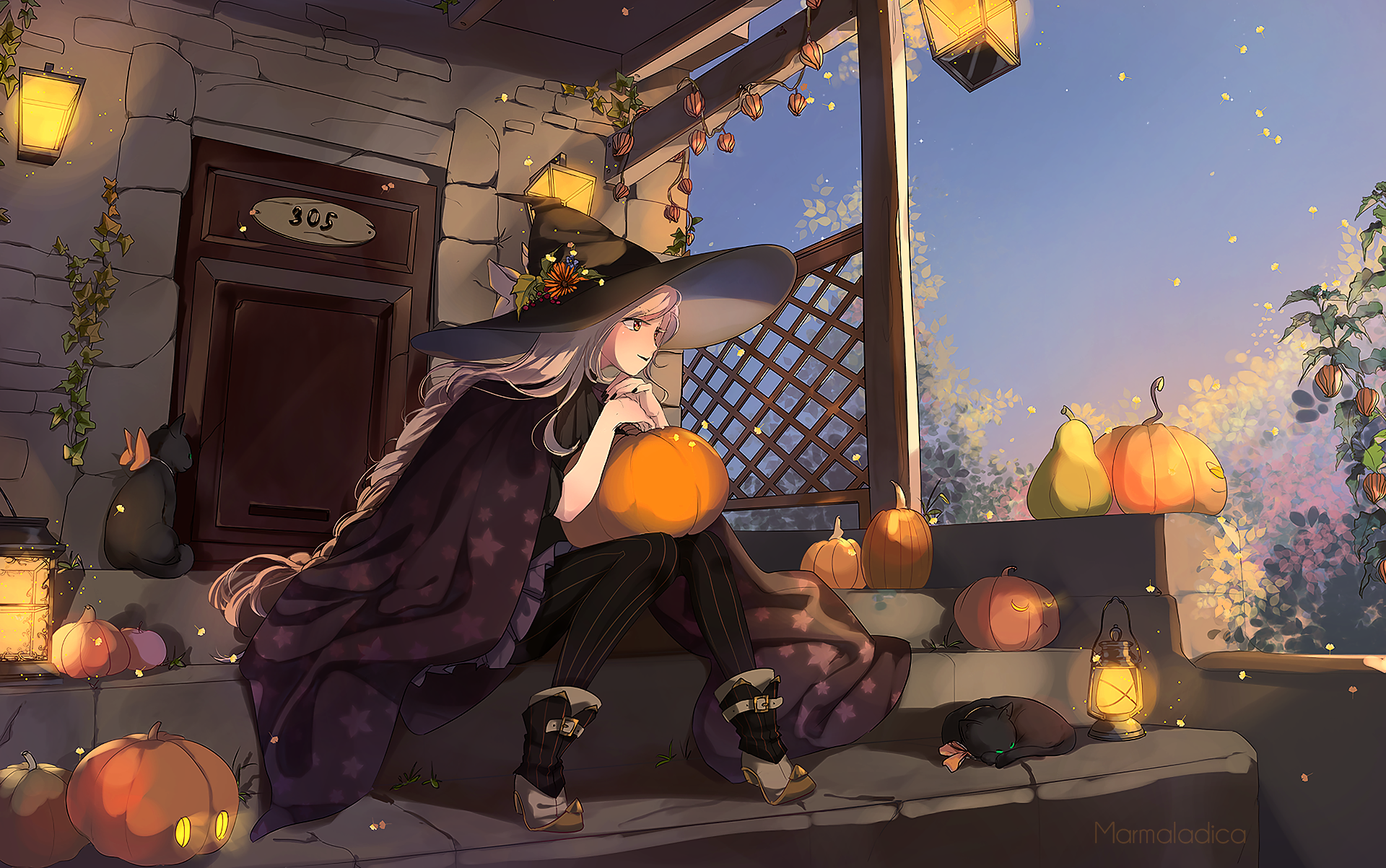 Enchanting Halloween Anime HD Wallpaper with Pumpkins