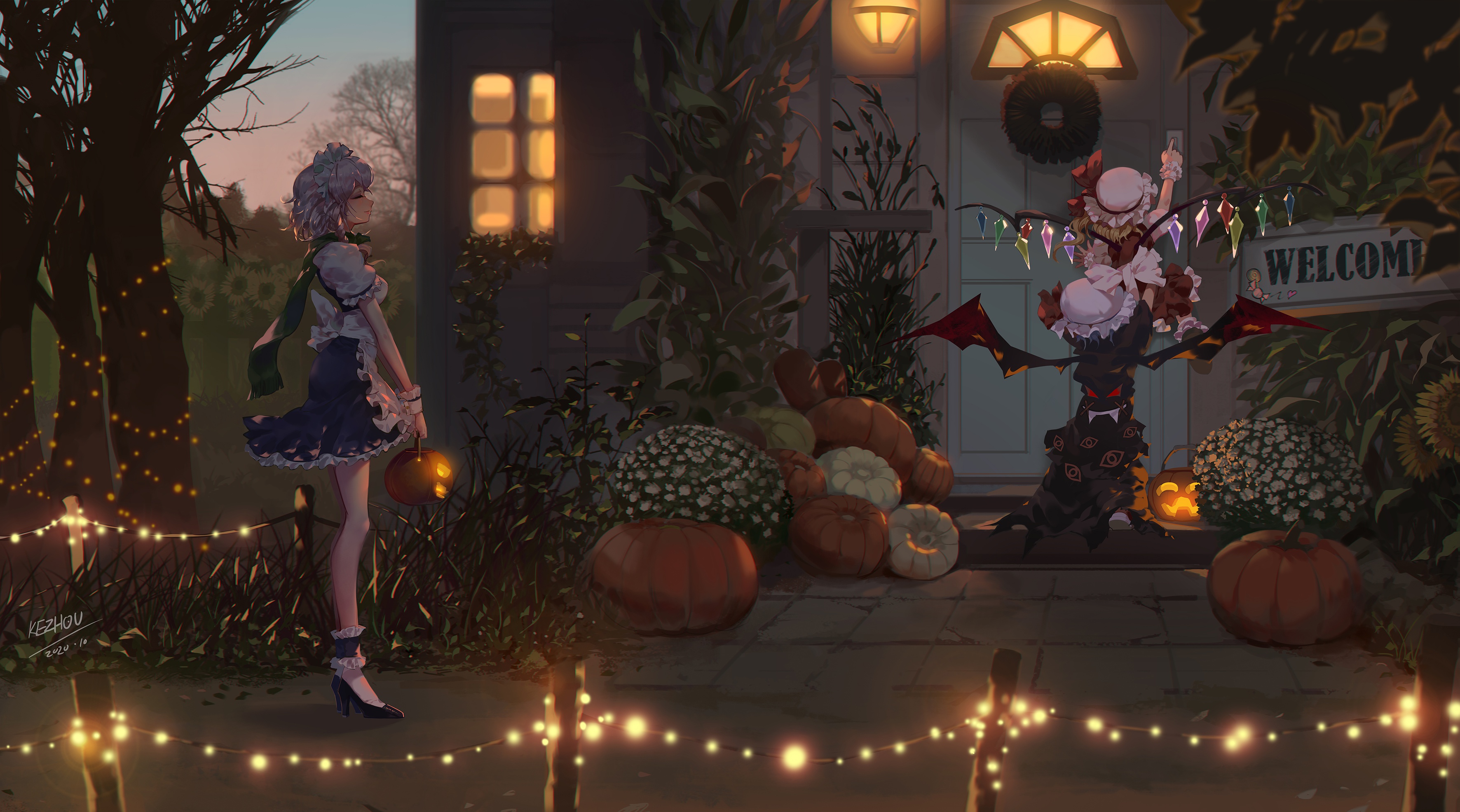 Wallpaper Halloween, anime, Izayoi Sakuya, Touhou Project, Remilia Scarlet, Flandre Scarlet for mobile and desktop, section арт, resolution 3543x1971
