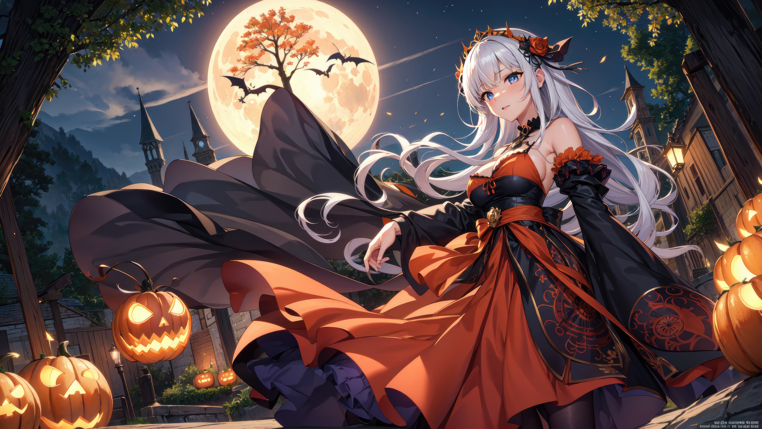 Anime Girl Halloween Night Moon Jack O' Lantern Wallpaper 4K HD PC M