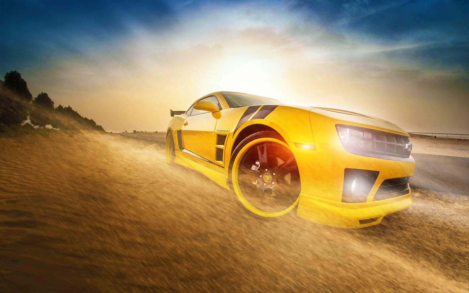 Wallpaper car, Chevrolet, Camaro, Front, yellow, sun, Transformers, Bumblebee for mobile and desktop, section chevrolet, resolution 1920x1200