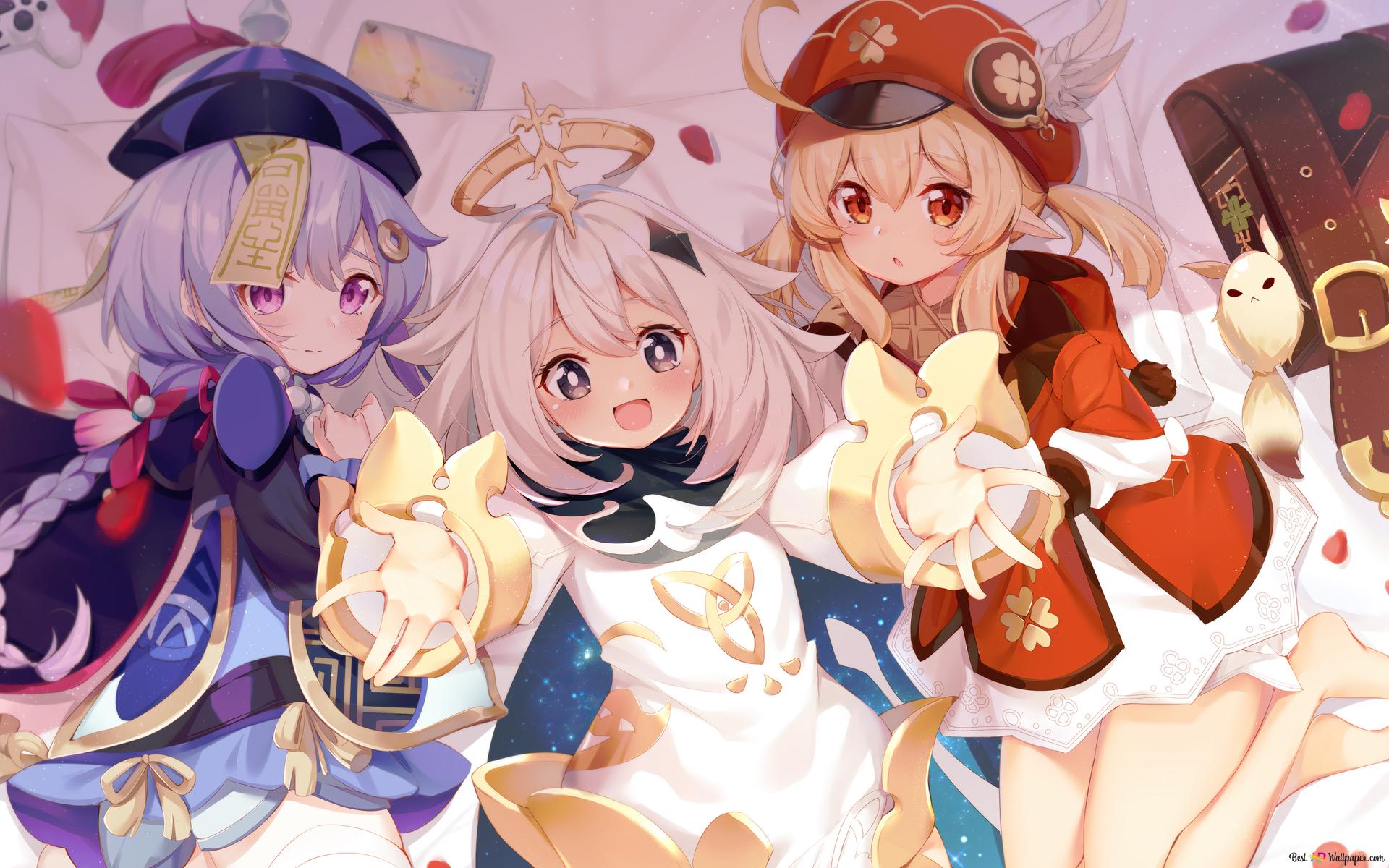 Cute little anime girls lying on bed. Genshin Impact 4K wallpaper download