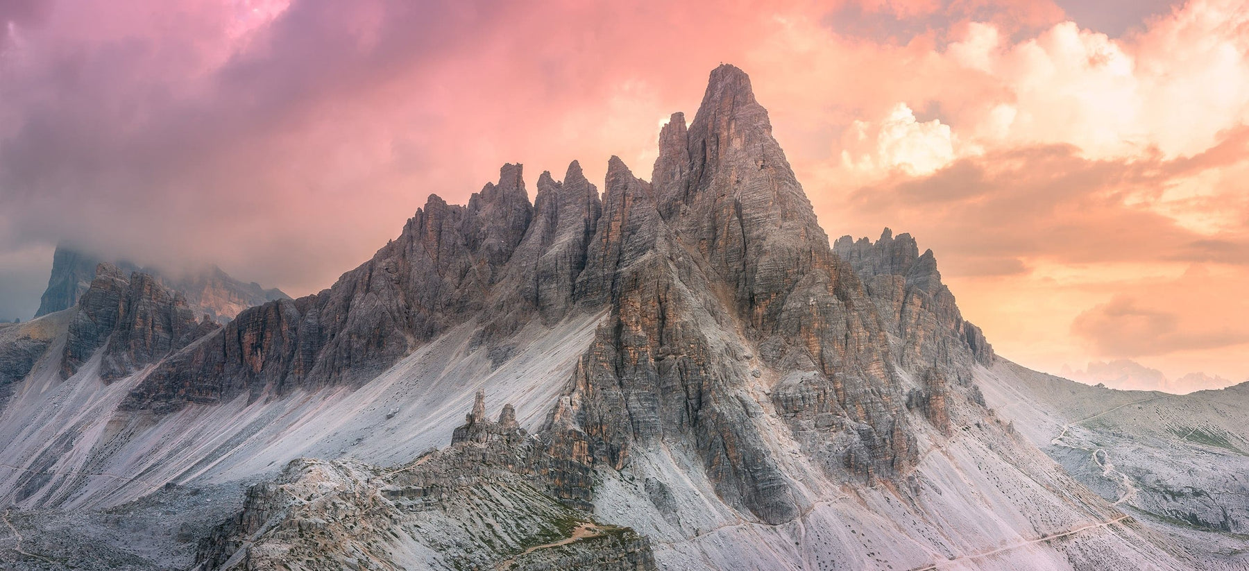 Alpine Dolomites mountain peak sunset landscape Wall Mural. Tre Cime di Lavaredo