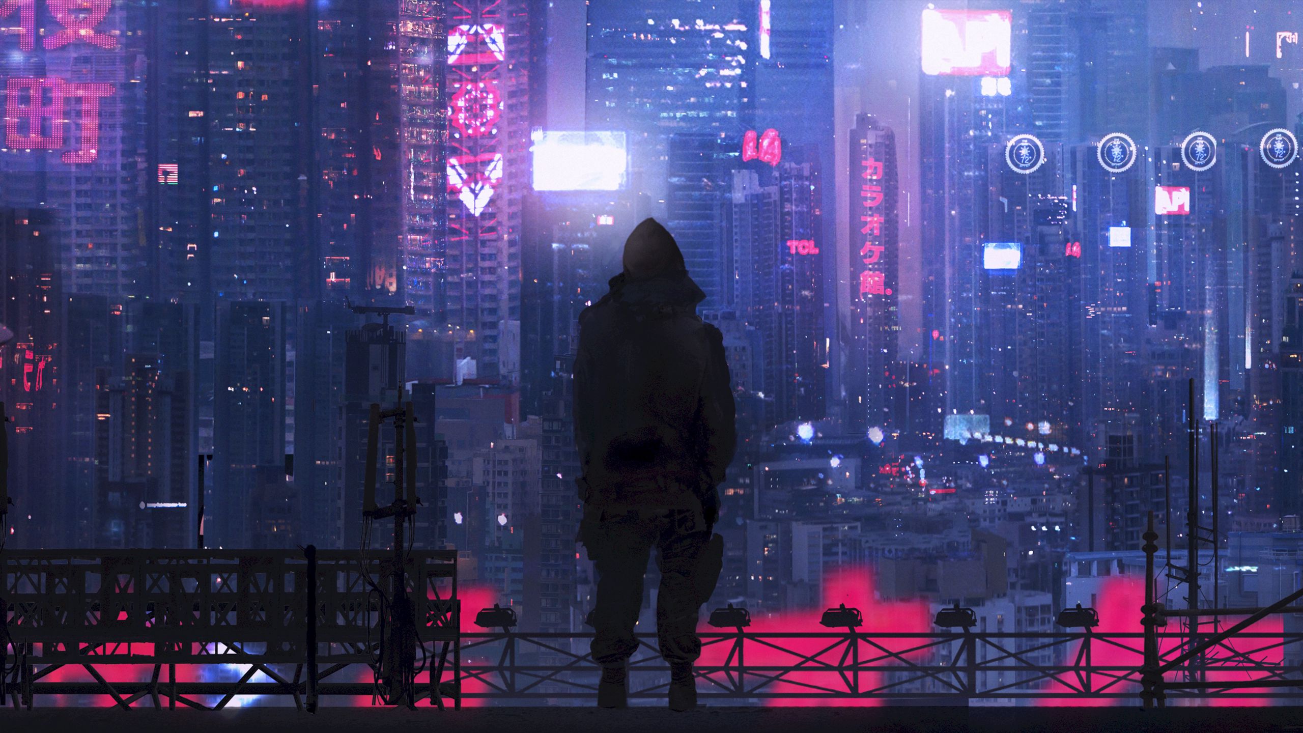 Download Wallpaper 2560x1440 City, Silhouette, Art, Cyberpunk, Futurism, Sci Fi Widescreen 16:9 HD Background