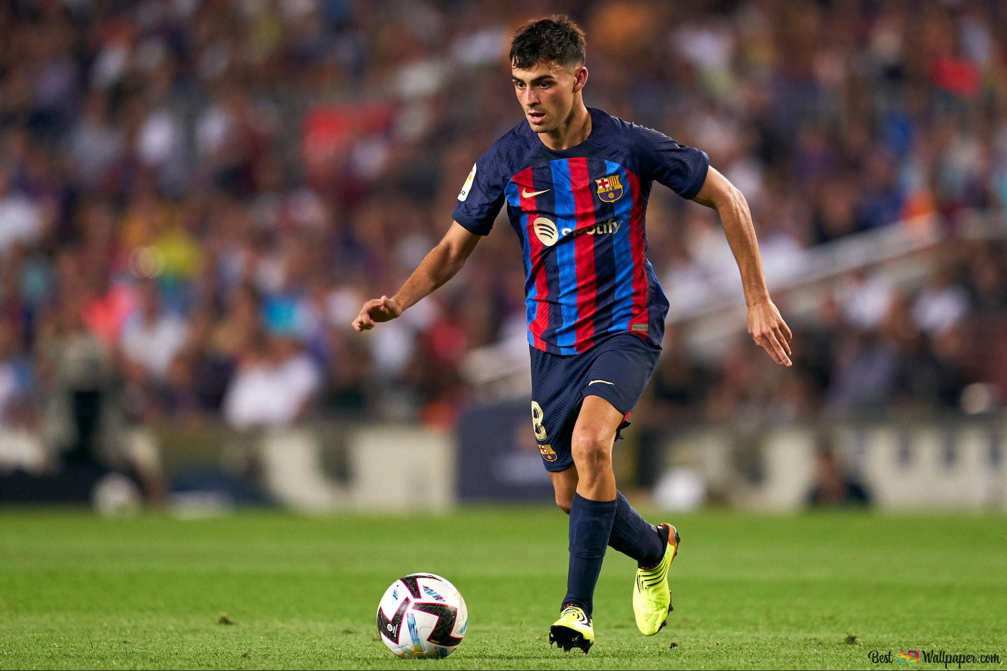 Barcelona football player Pedri with soccer ball 2K wallpaper download