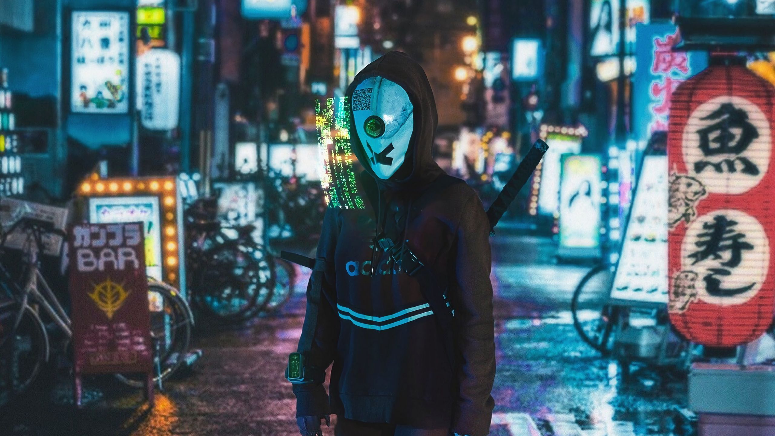 Download Wallpaper 2560x1440 Cyborg, Hologram, Cyberpunk, Street, Sci Fi Widescreen 16:9 HD Background