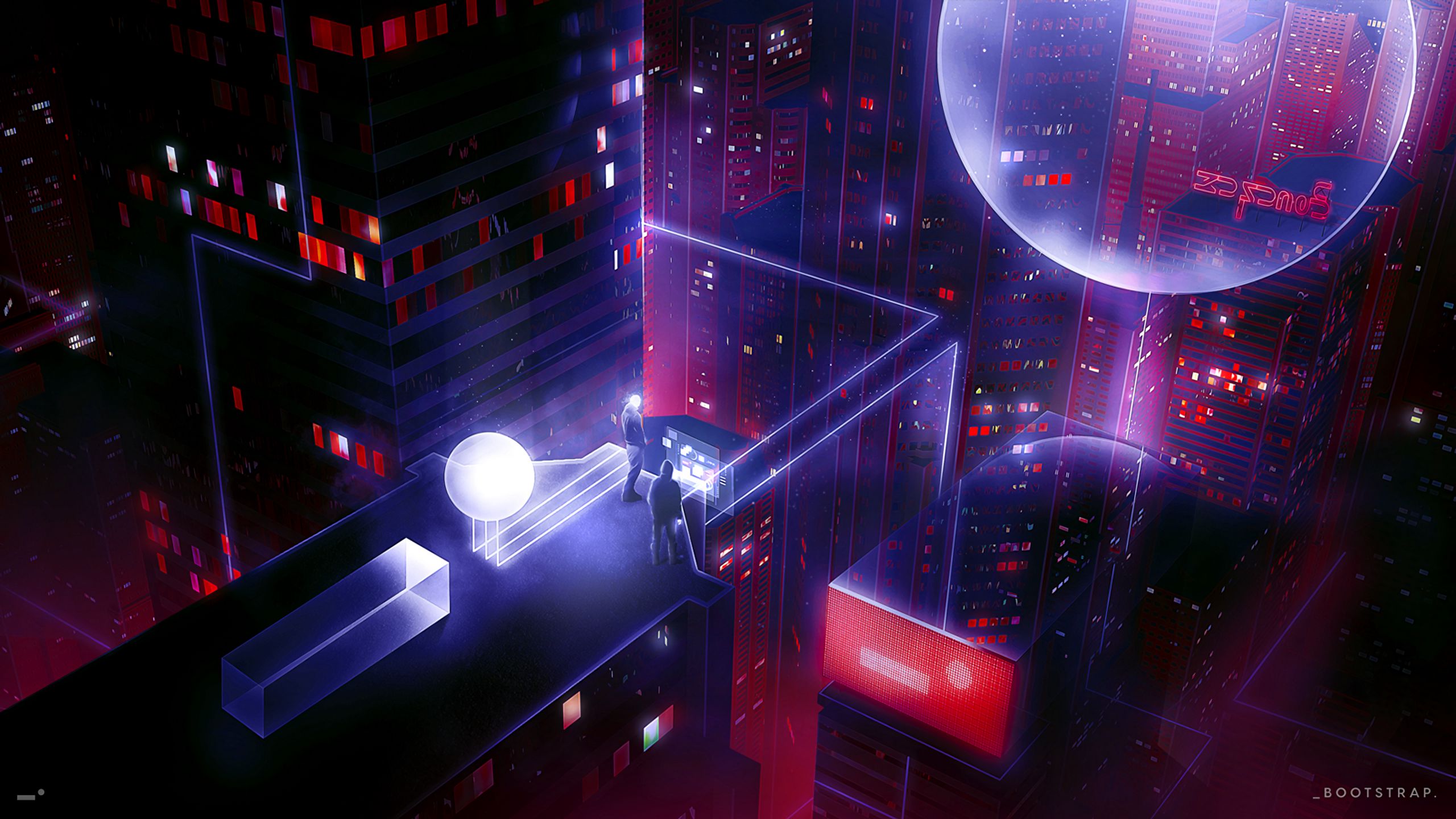 Download Wallpaper 2560x1440 Roof, People, Art, Cyberpunk, Sci Fi Widescreen 16:9 HD Background