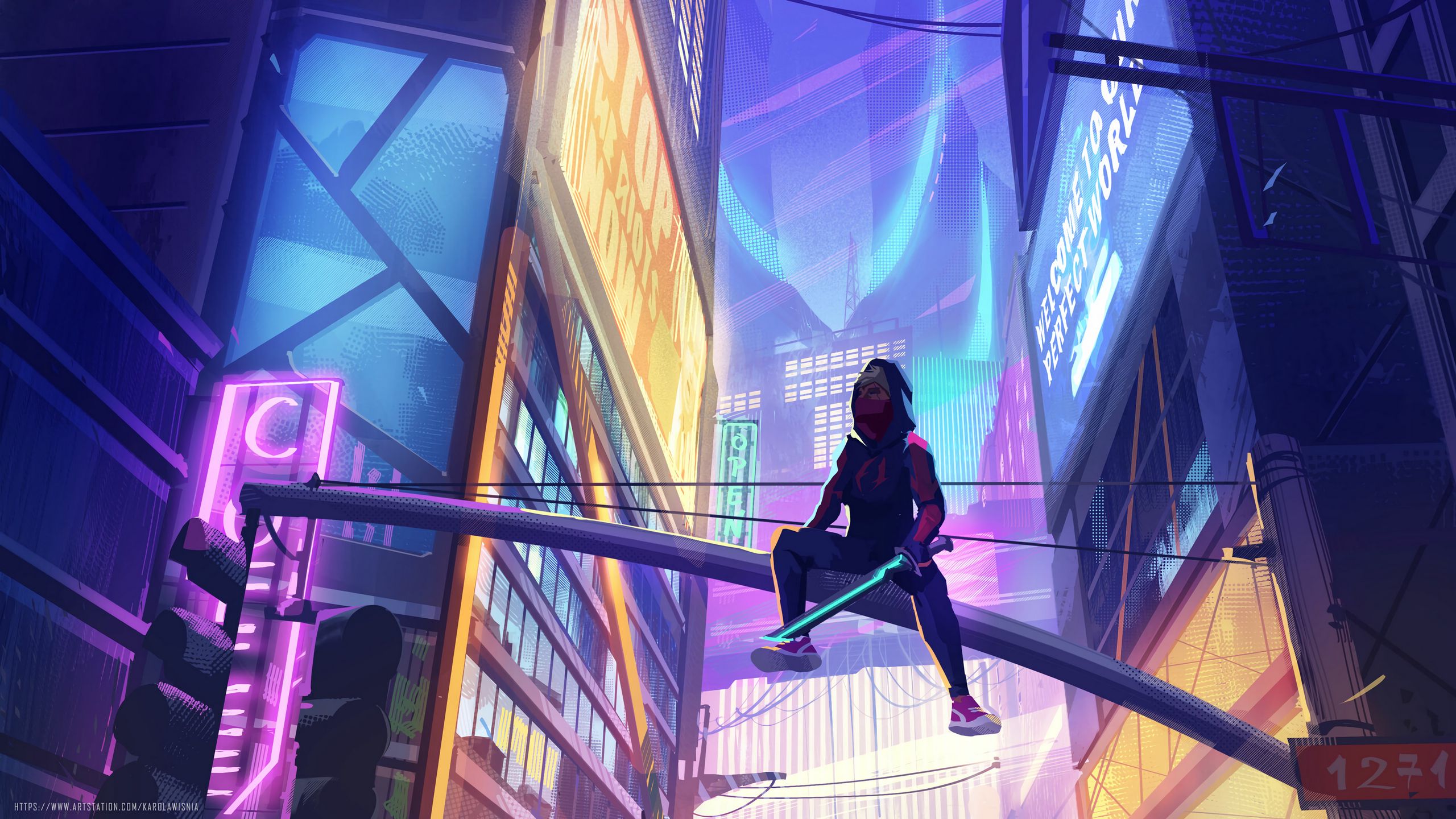 Download wallpaper 2560x1440 ninja, mask, sword, buildings, neon, cyberpunk, art widescreen 16:9 HD background