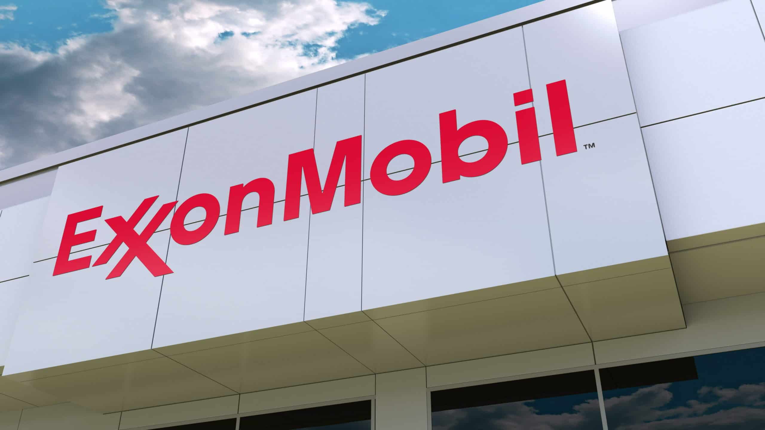 ExxonMobil logo on the modern building facade. Editorial 3D rendering