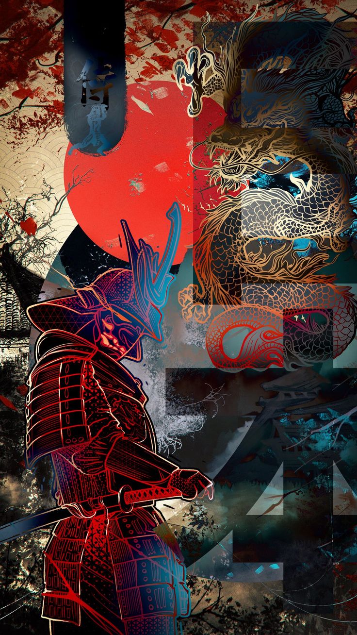 Wallpaper samurai, dragon, hieroglyphs, japan, art, AI 4K by Golovatin Ivan. Download wallpaper samurai, dragon, hieroglyphs, japan, art for free