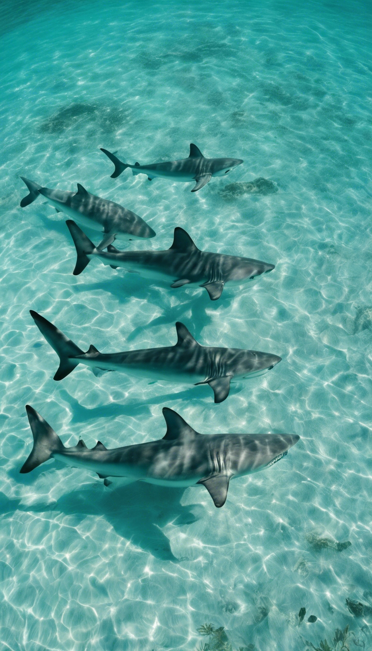 An overhead view of a group of grey sharks living peacefully in the turquoise waters of the Bahamas. Wallpaper [e699b3f7fe234078a96f]