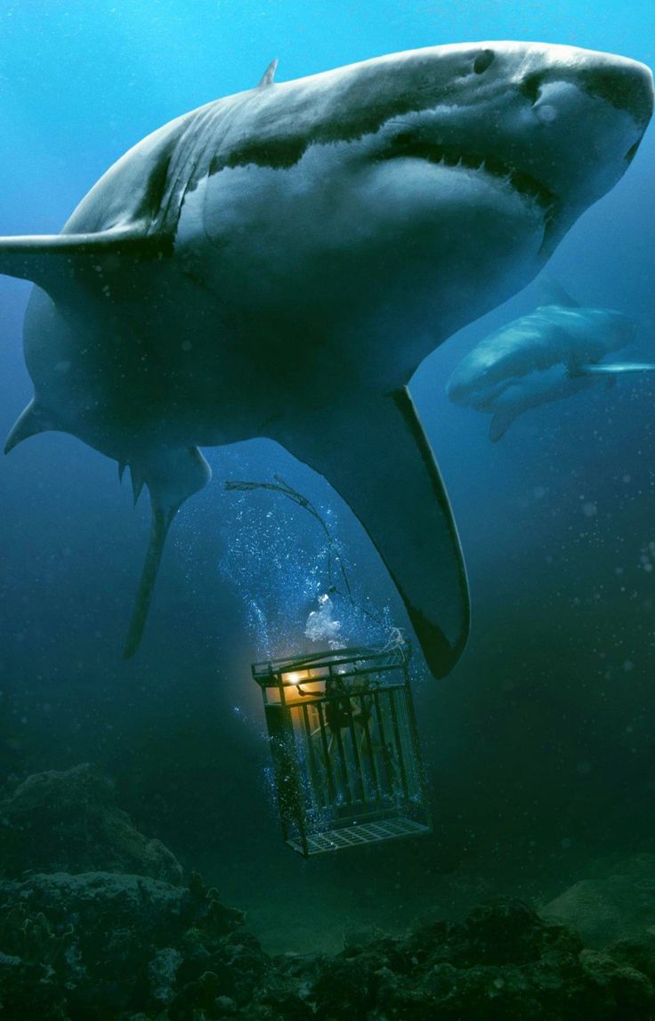 Caged Shark Swimming in the Ocean