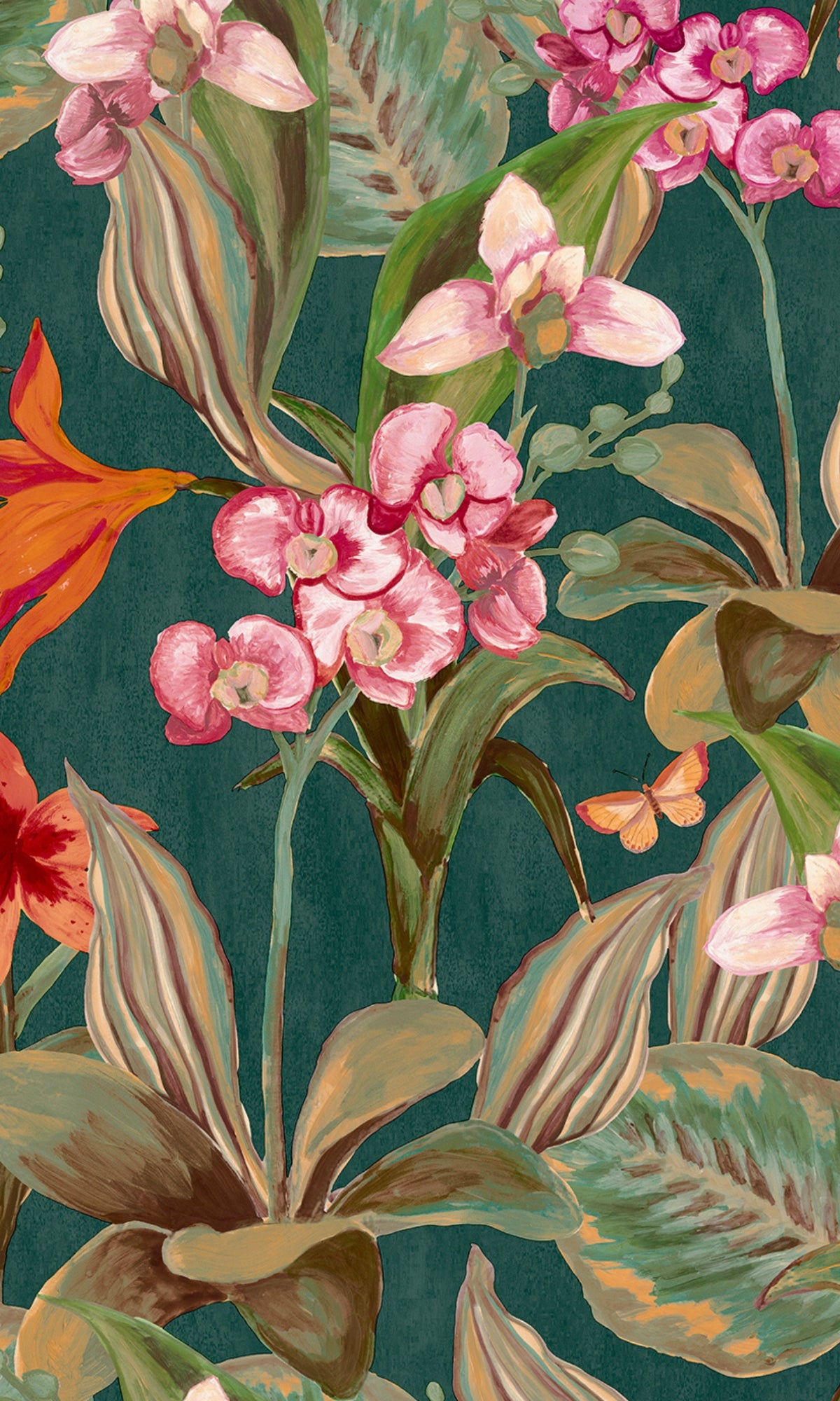 Dark Green Hand Painted Orchids Floral Wallpaper R8142
