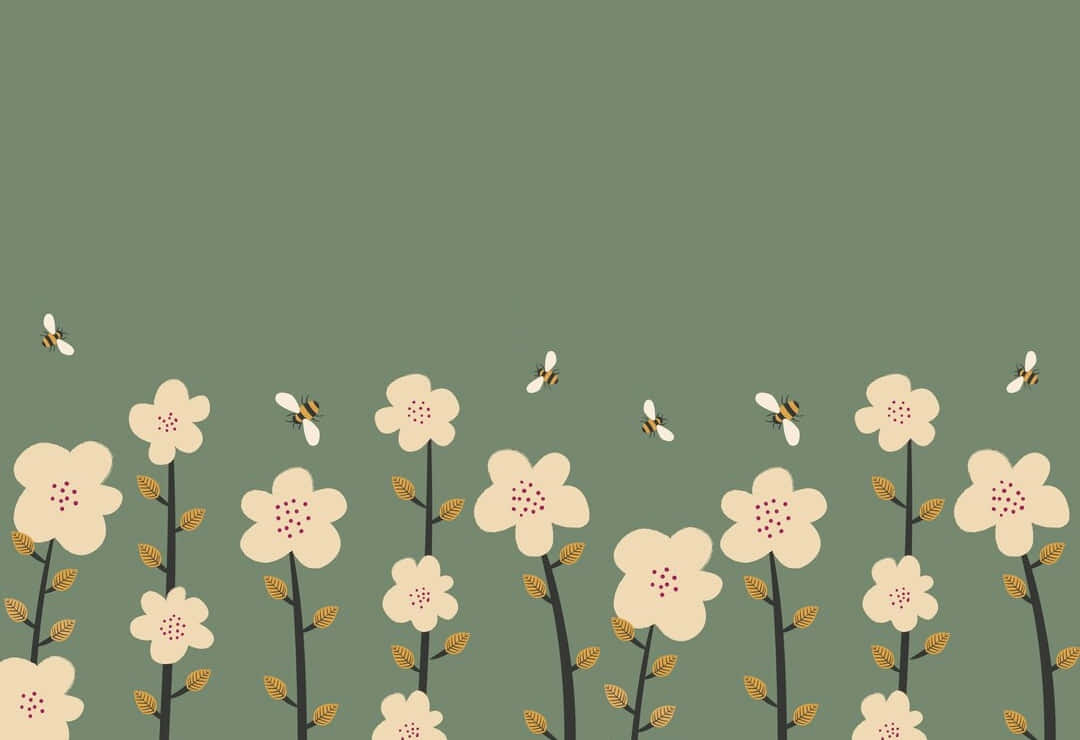 Download Sage Green Floral Backgroundwith Bees Wallpaper