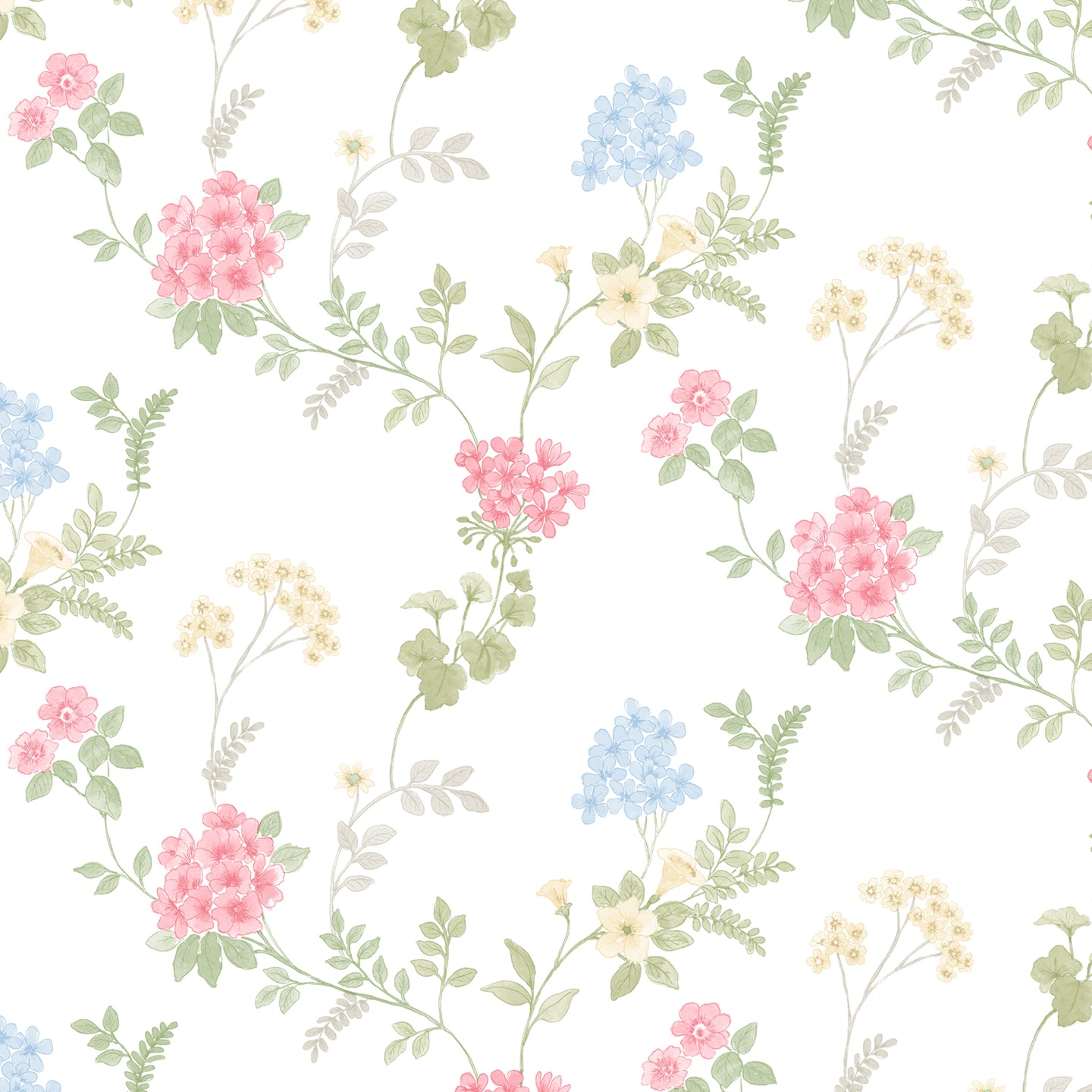 Fern Floral Wallpaper in Pinks, Green and Yellows