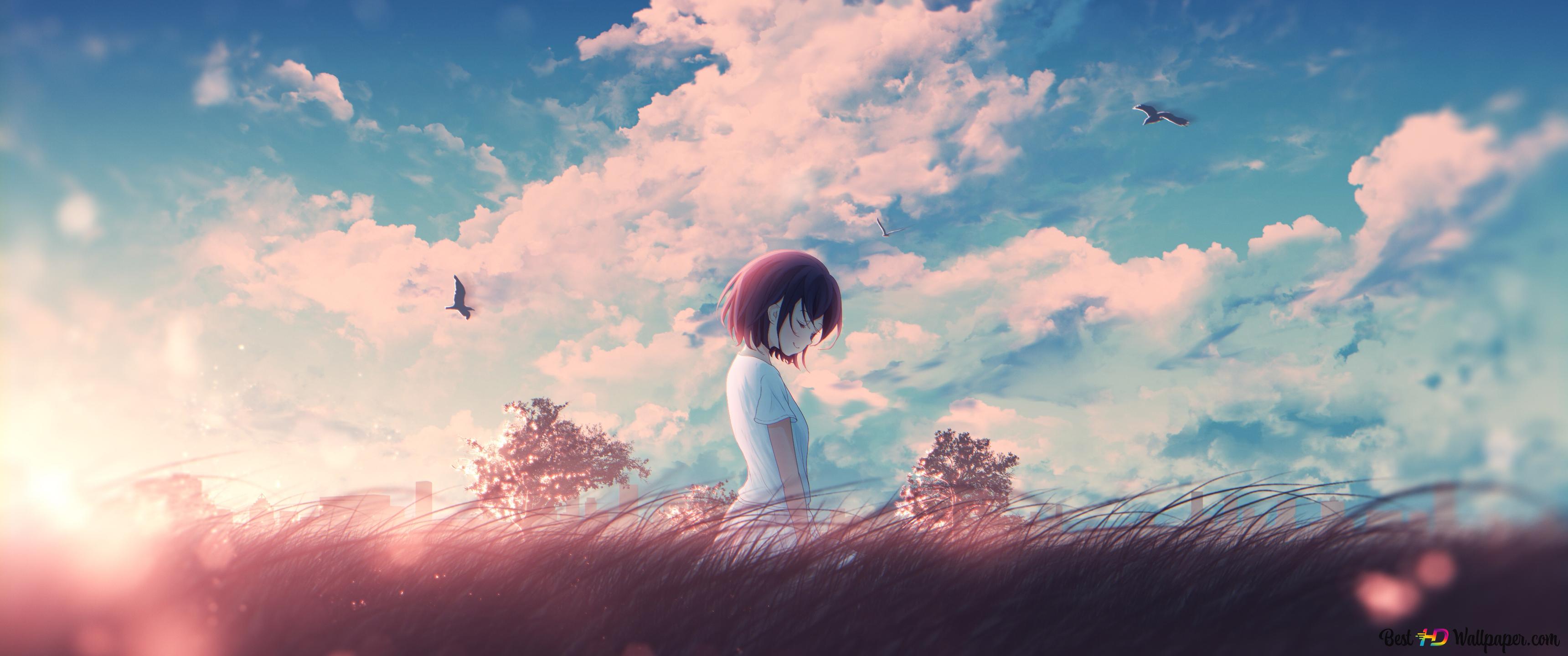 Sad anime girl in the field 4K wallpaper download