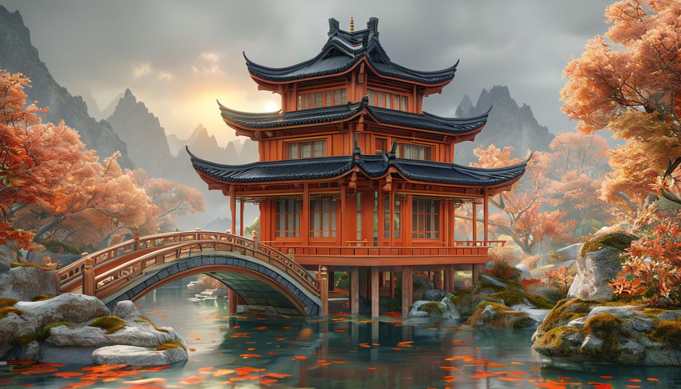 Majestic Fantasy Pagoda at Sunset Over Serene Lake Art