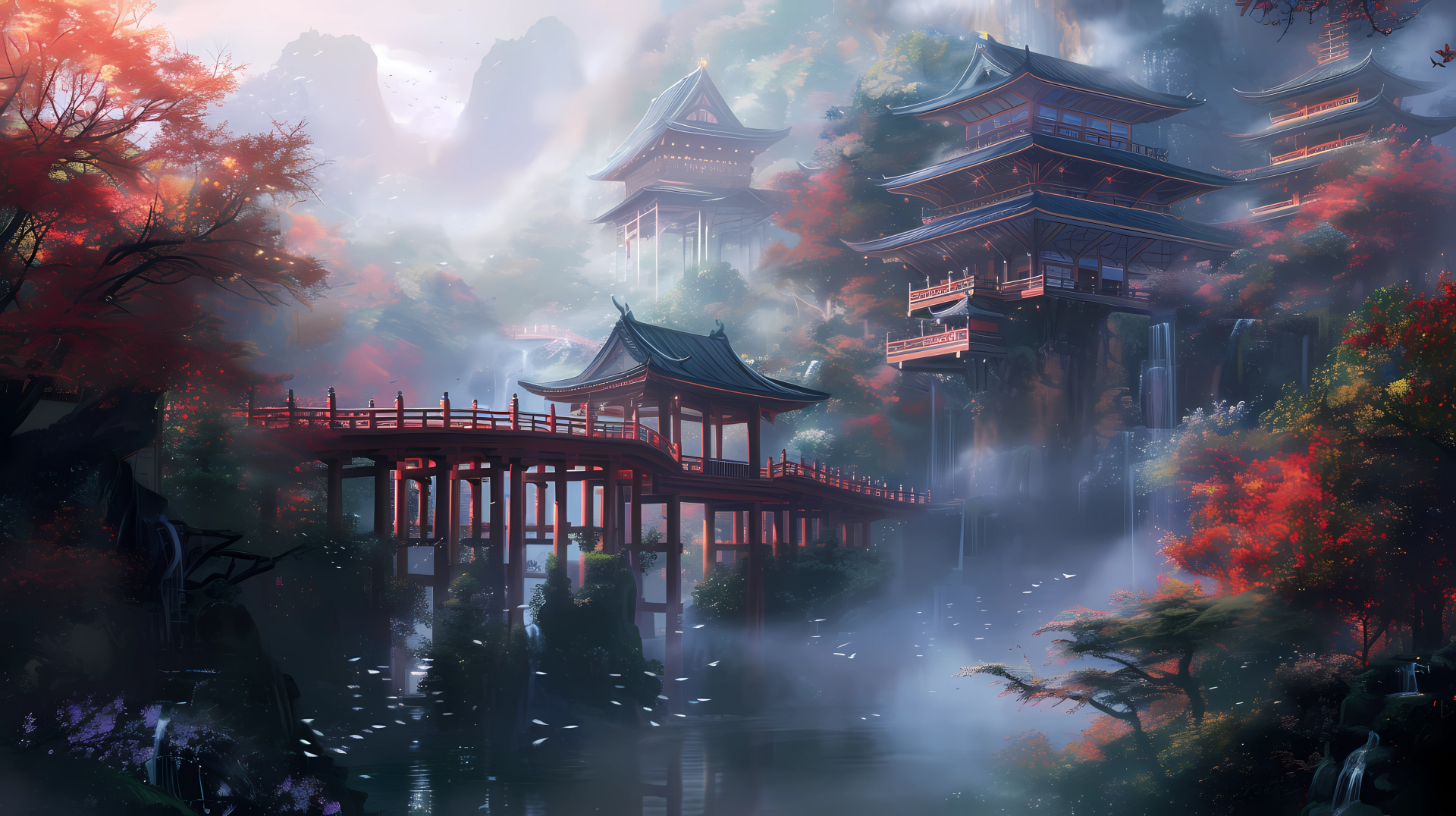 Misty asian scenery with bridge