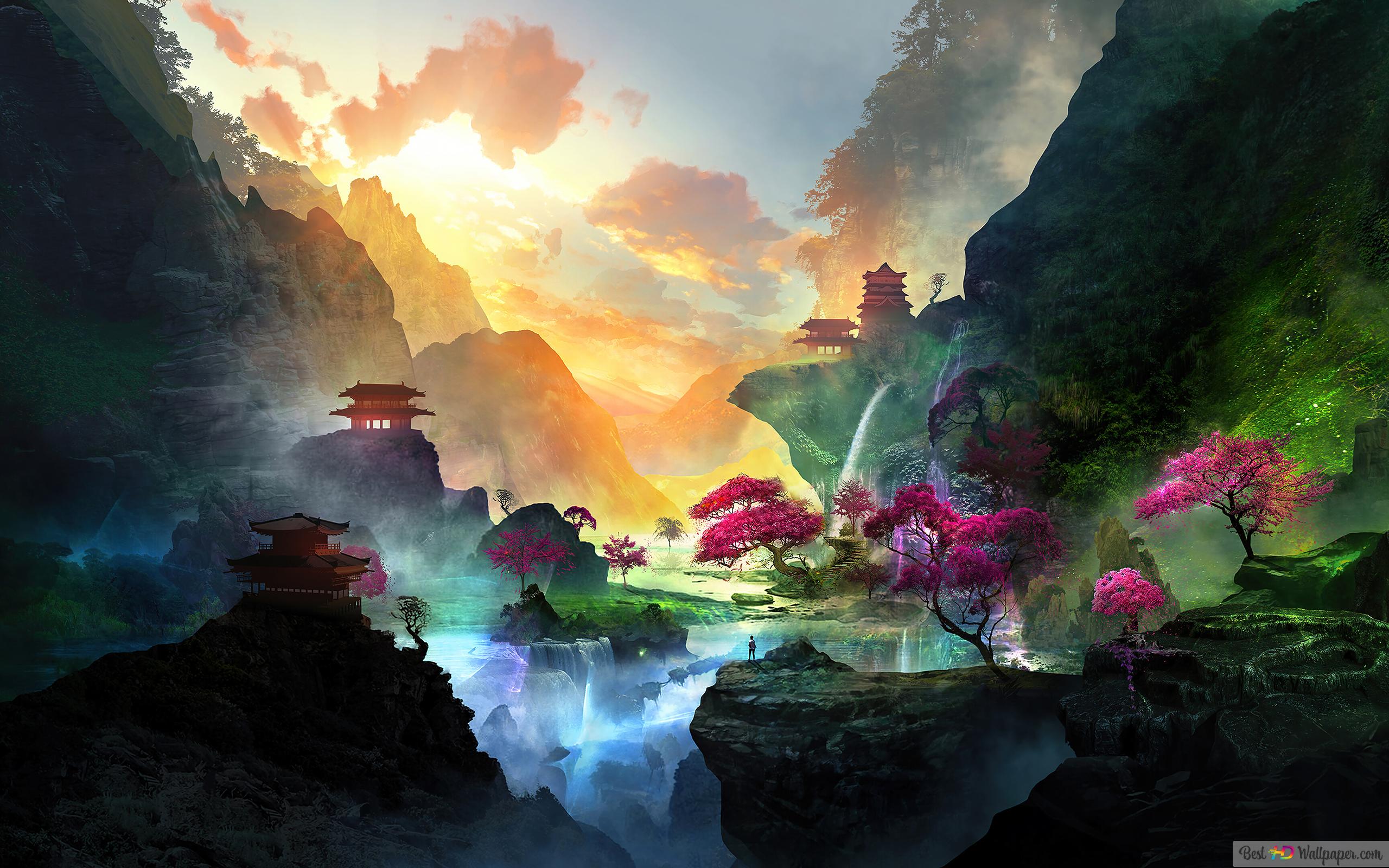 Fantasy Forest Mountains 4K wallpaper download