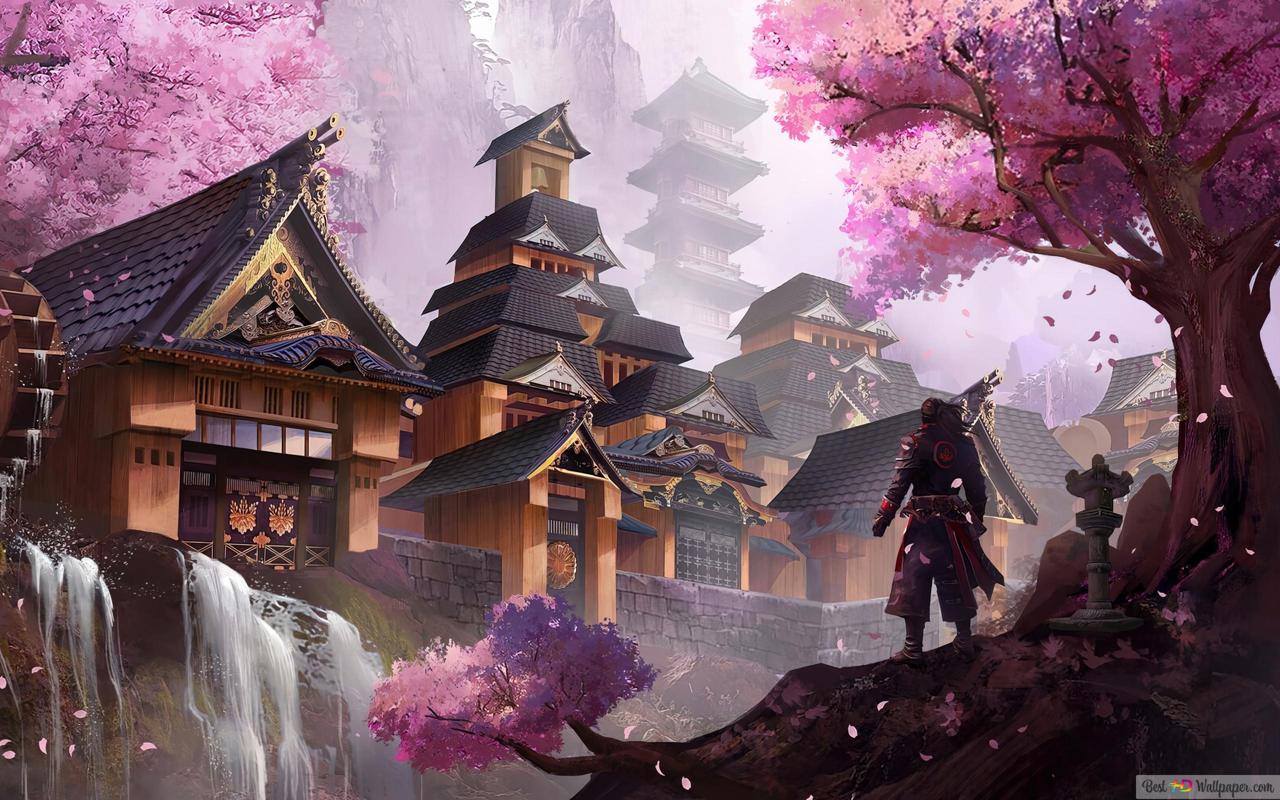 Japanese Castle Cherry Blossom 4K wallpaper download