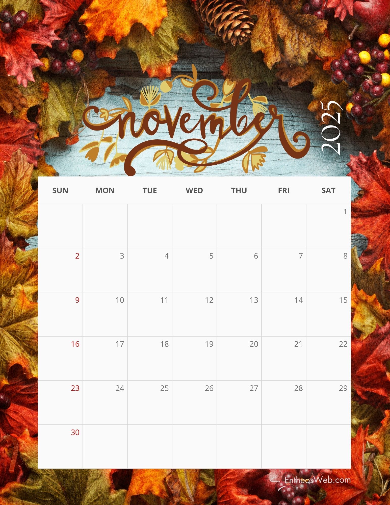 November 2025 Calendar Free Printables