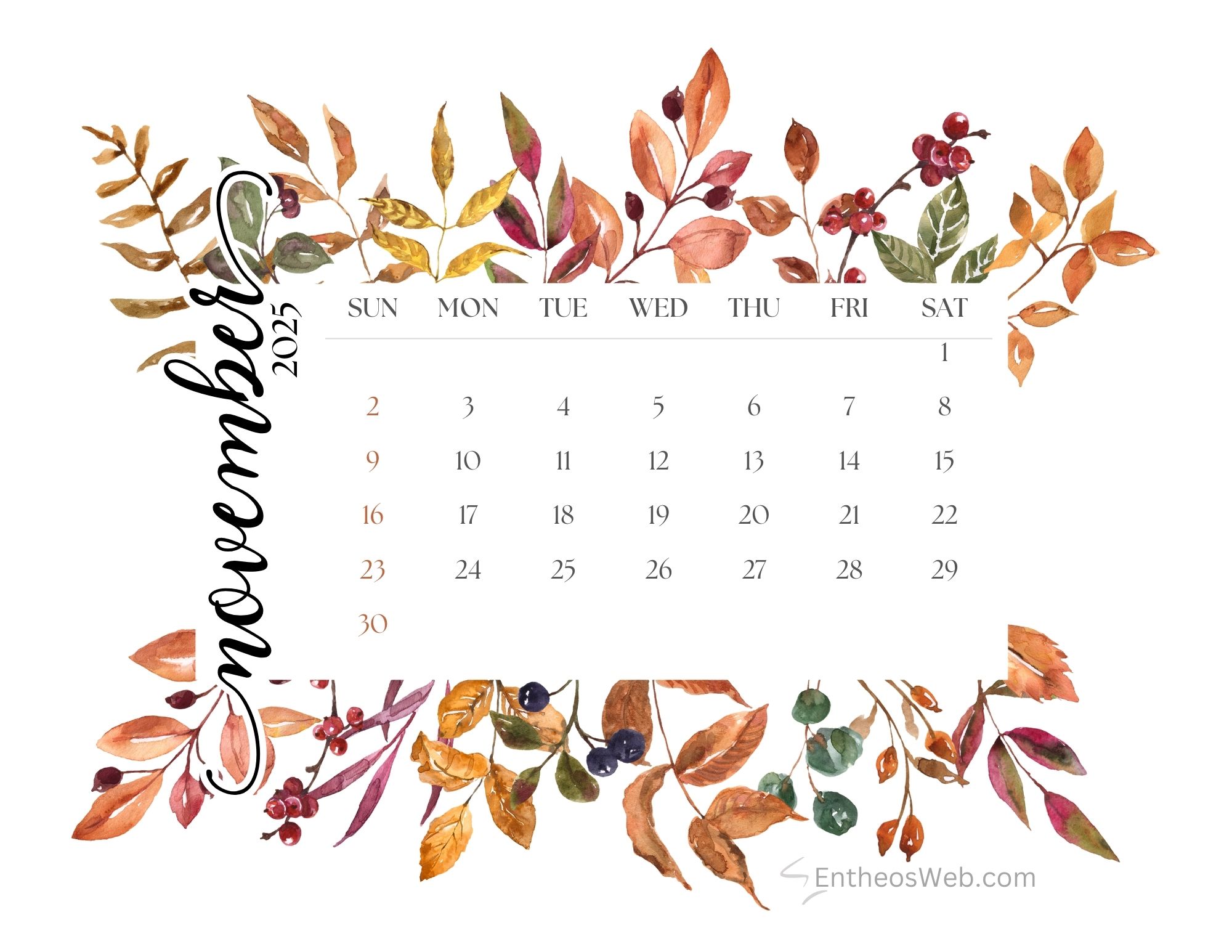 November 2025 Calendar Free Printables