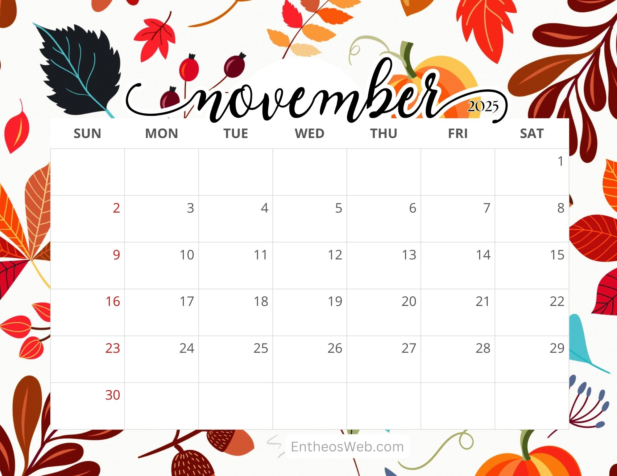 November 2025 Calendar Free Printables
