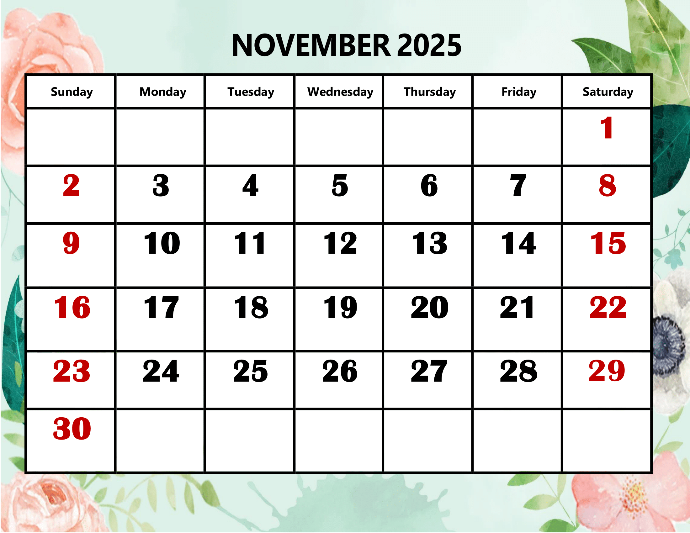 November 2025 Calendar Printable PDF with Holidays